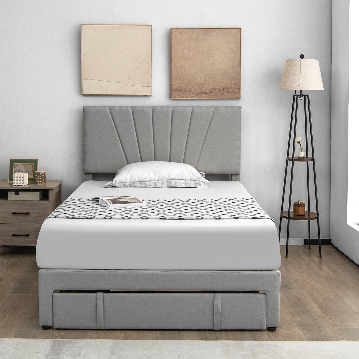 Full/Queen Size Upholstered Bed Frame with Drawer and Adjustable Headboard-Queen Size