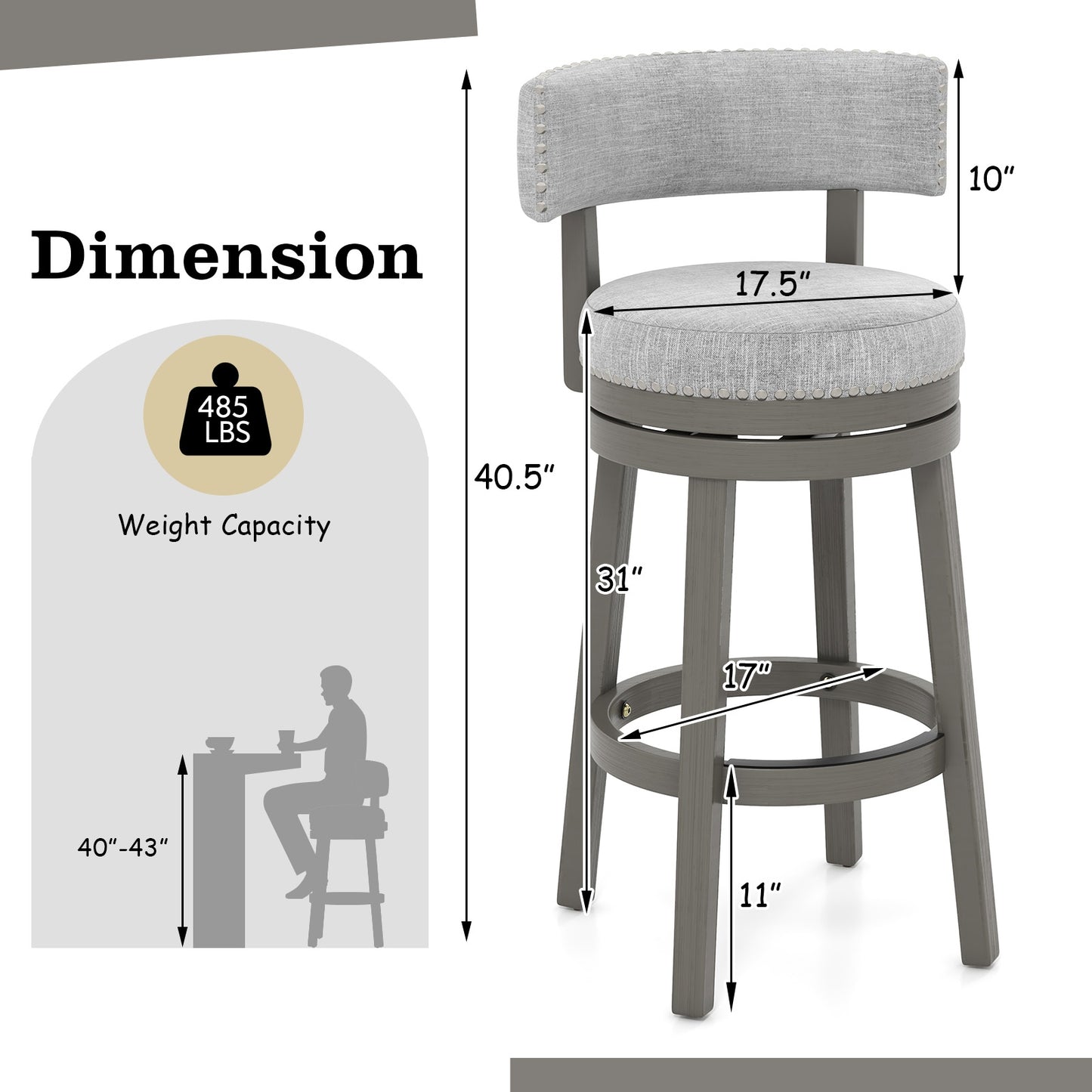 27/31 Inch Swivel Bar Stool with Upholstered Back Seat and Footrest-31 inches