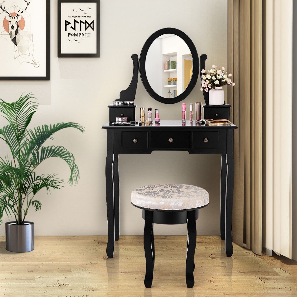 Vanity Makeup Table Set Bedroom Furniture with Padded Stool-Black