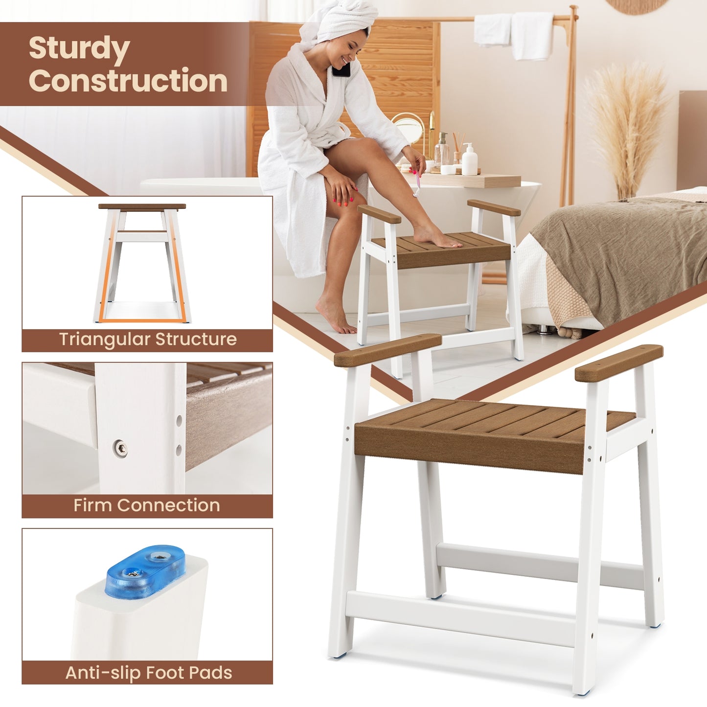 Shower Bench with Arms for Inside Shower Shaving Legs-Brown