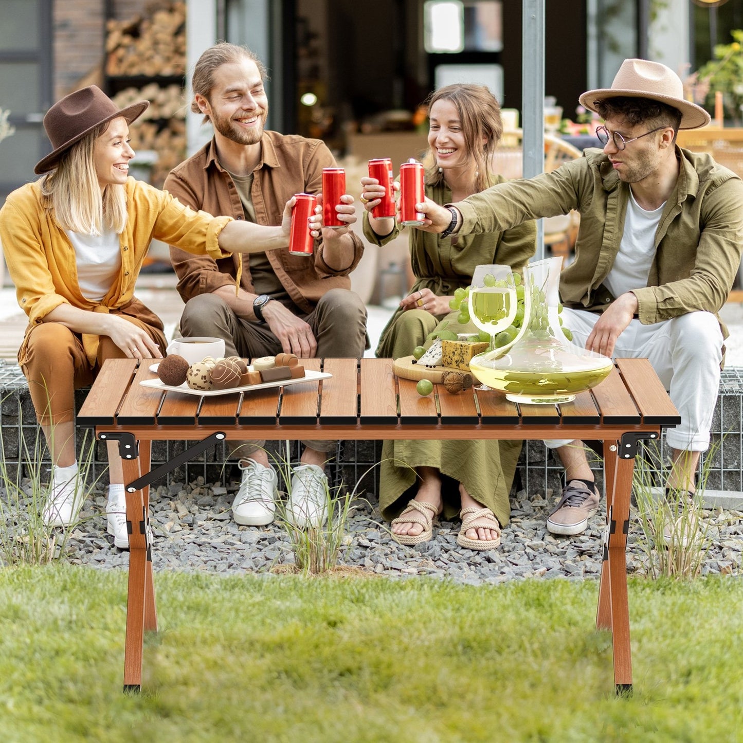 Folding Lightweight Aluminum Camping Table with Wood Grain-L