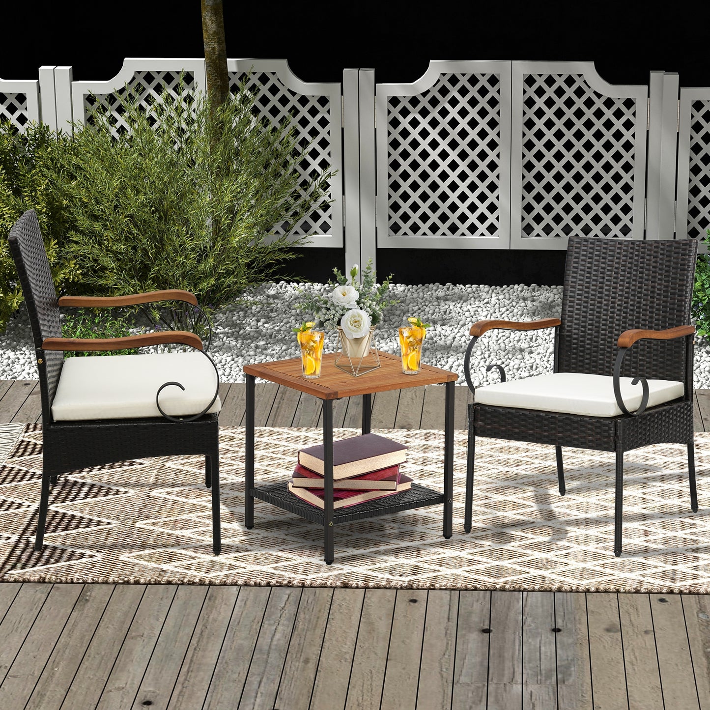 Set of 2/4 Outdoor PE Wicker Chair with Acacia Wood Armrests-Set of 2