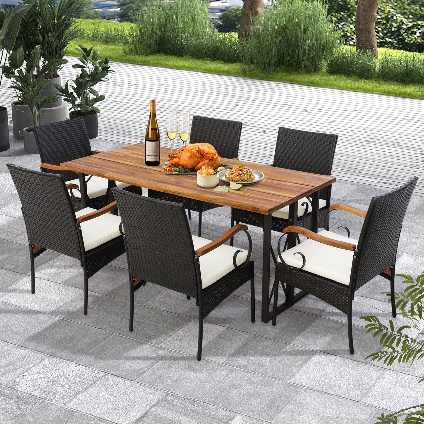 Set of 2/4 Outdoor PE Wicker Chair with Acacia Wood Armrests-Set of 2