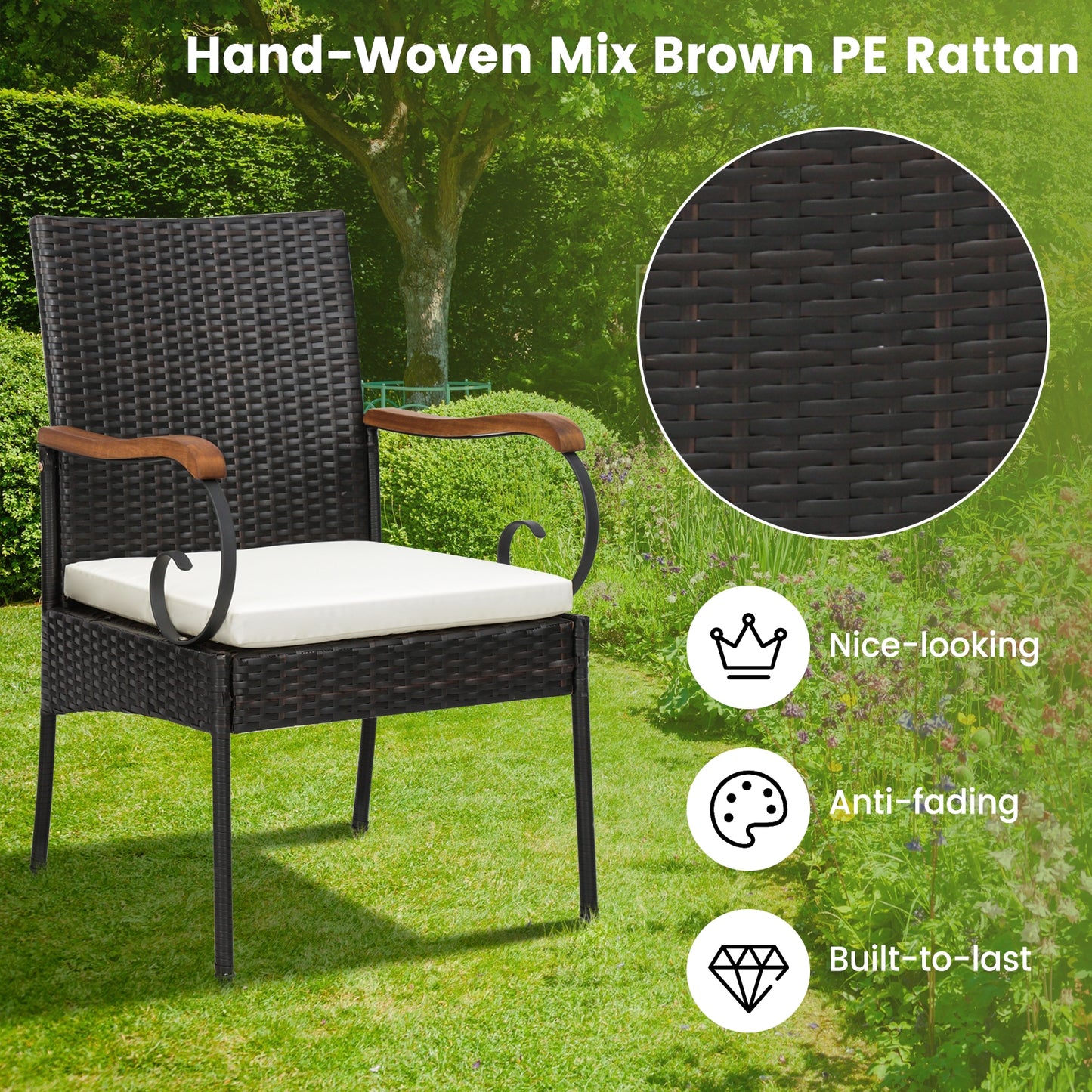 Set of 2/4 Outdoor PE Wicker Chair with Acacia Wood Armrests-Set of 2