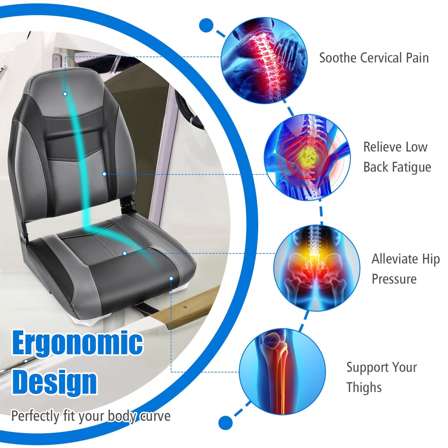 High Back Folding Boat Seats with Sponge Cushion and Flexible Hinges-1 Piece