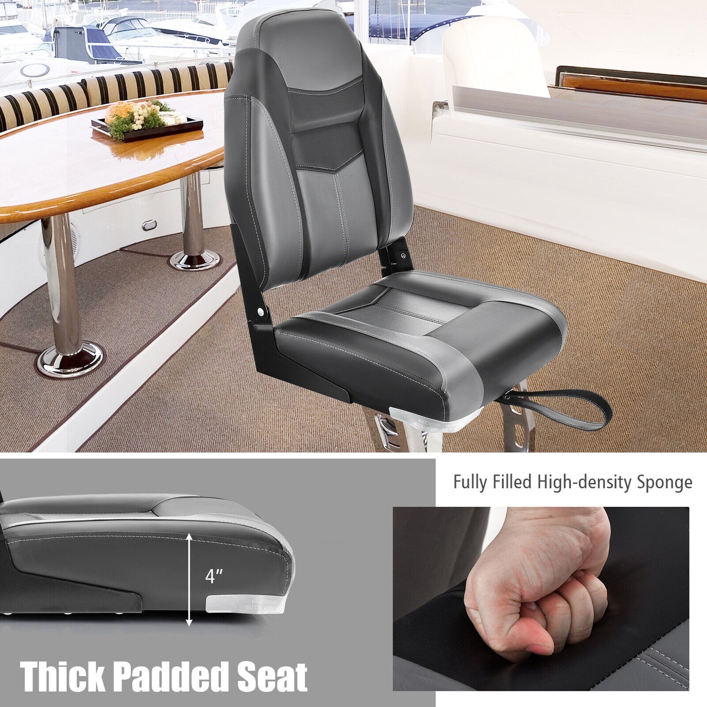High Back Folding Boat Seats with Sponge Cushion and Flexible Hinges-1 Piece