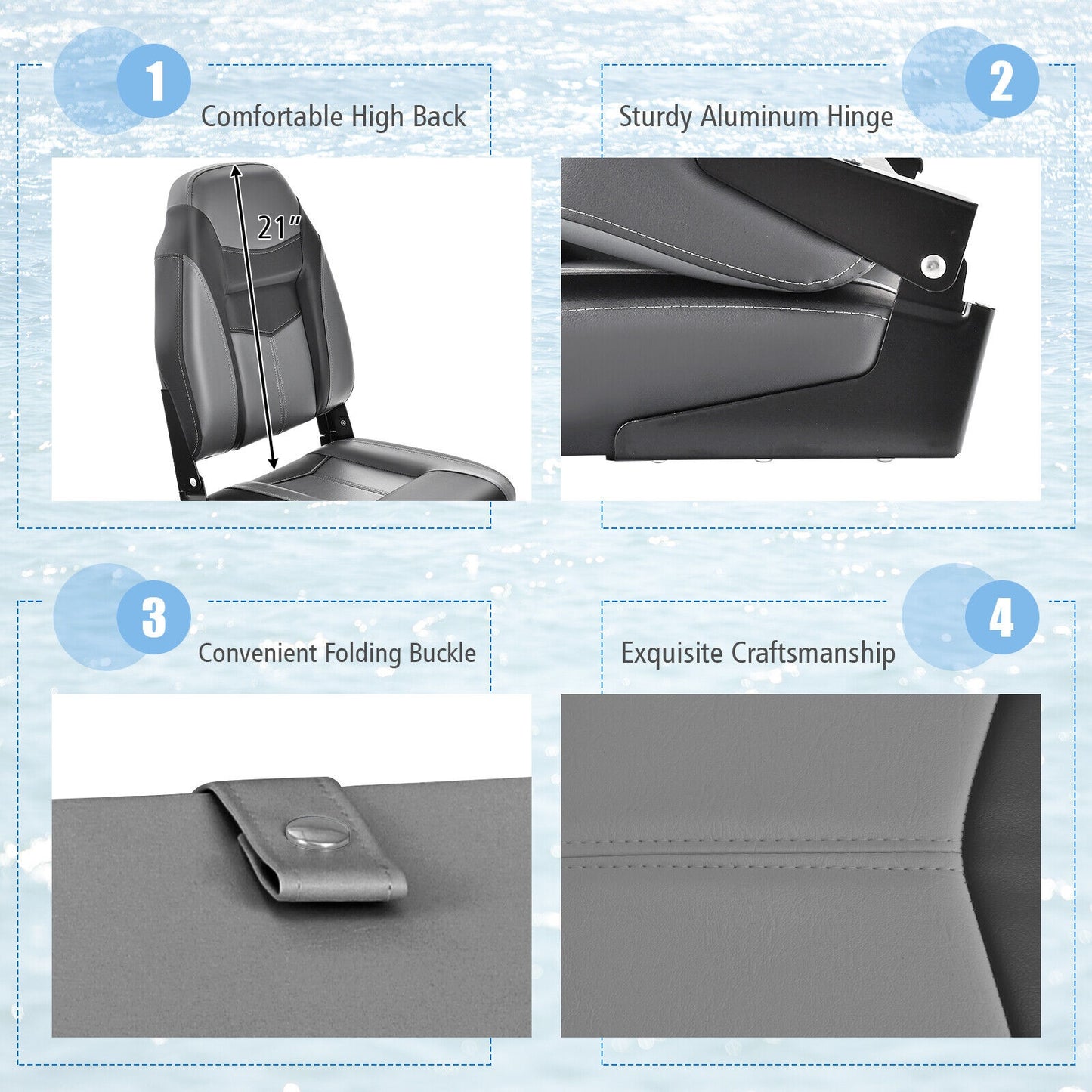 High Back Folding Boat Seats with Sponge Cushion and Flexible Hinges-1 Piece