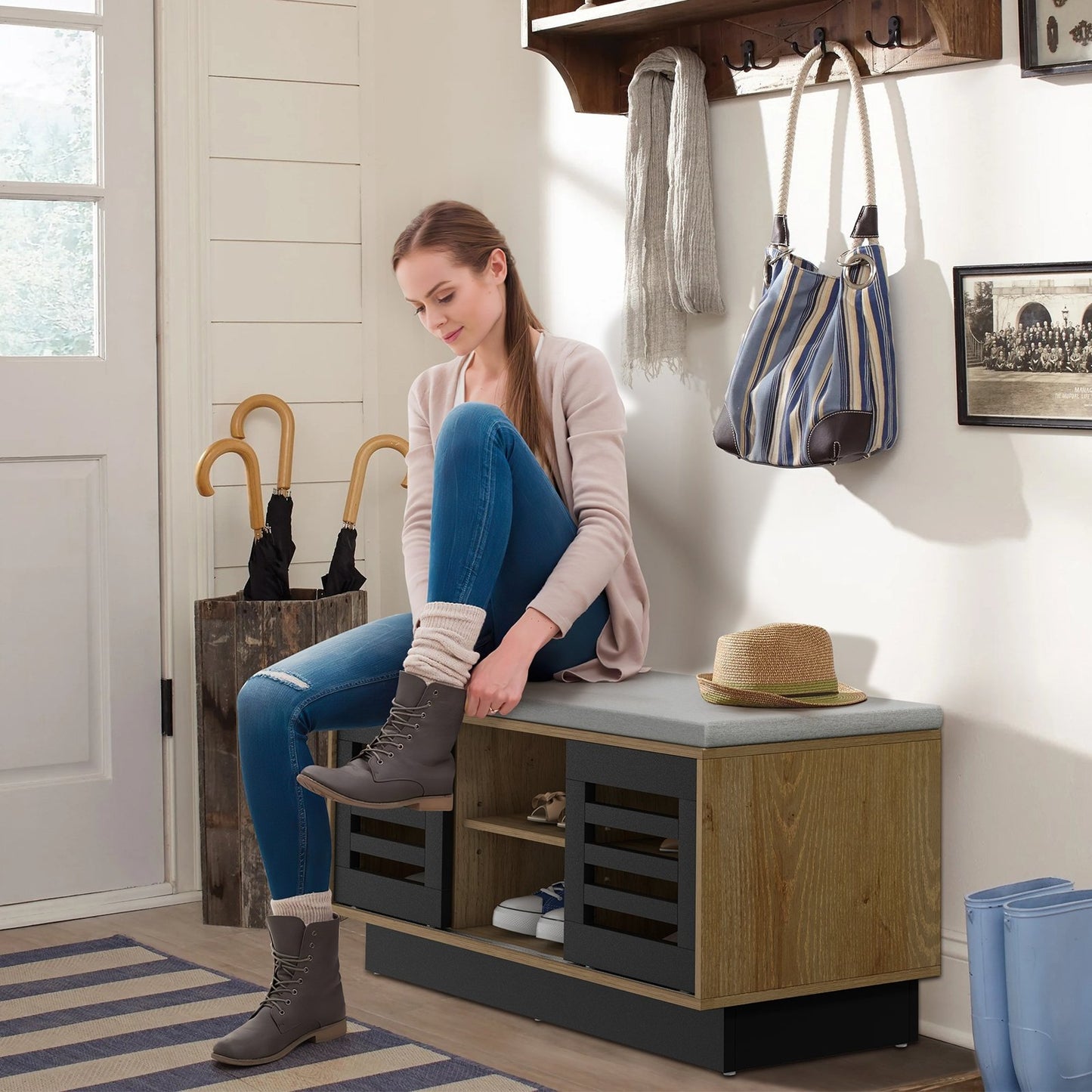 Shoe Bench with 6 Storage Compartments and 3 Adjustable Shelves-Gray