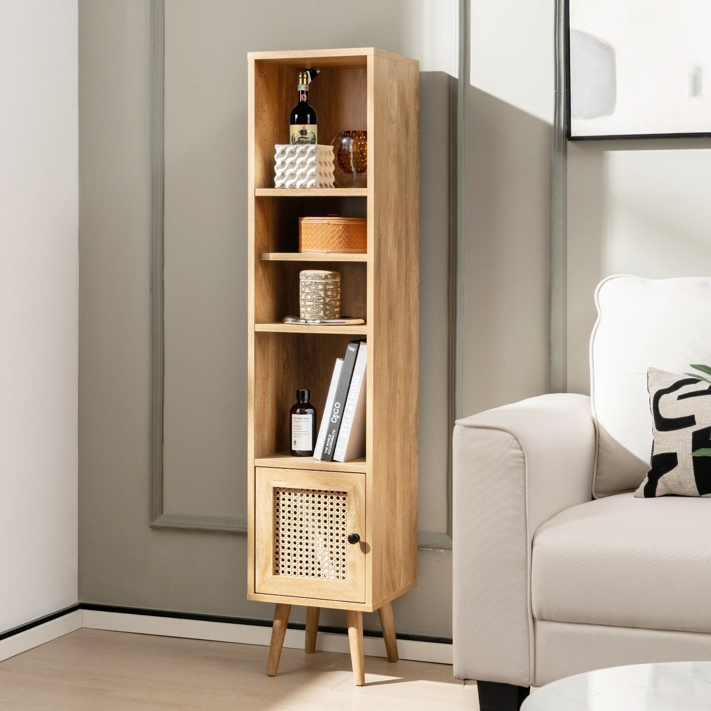 4 Tiers Rattan Storage Cabinet with Slim Design-Black