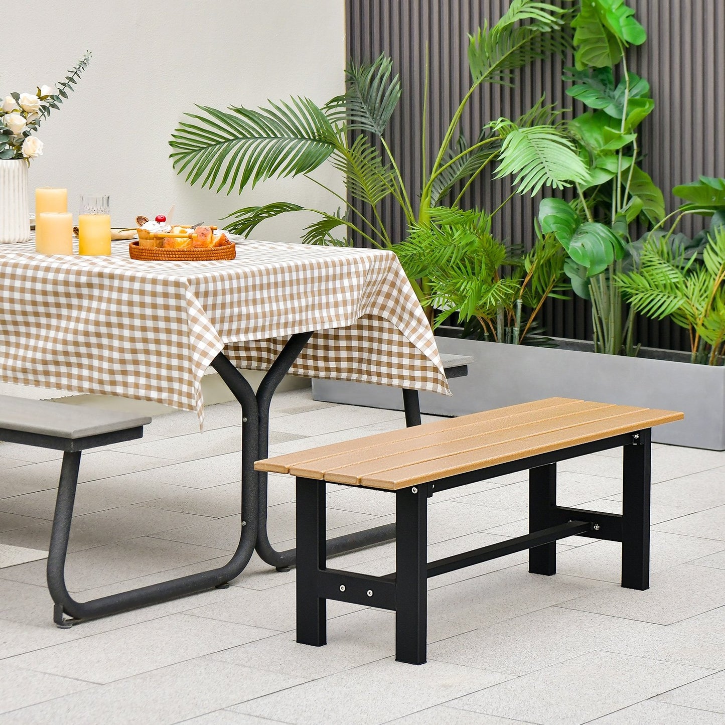 47 Inch Outdoor Chair with Slatted Seat Plastic Coated Iron Frame-Black