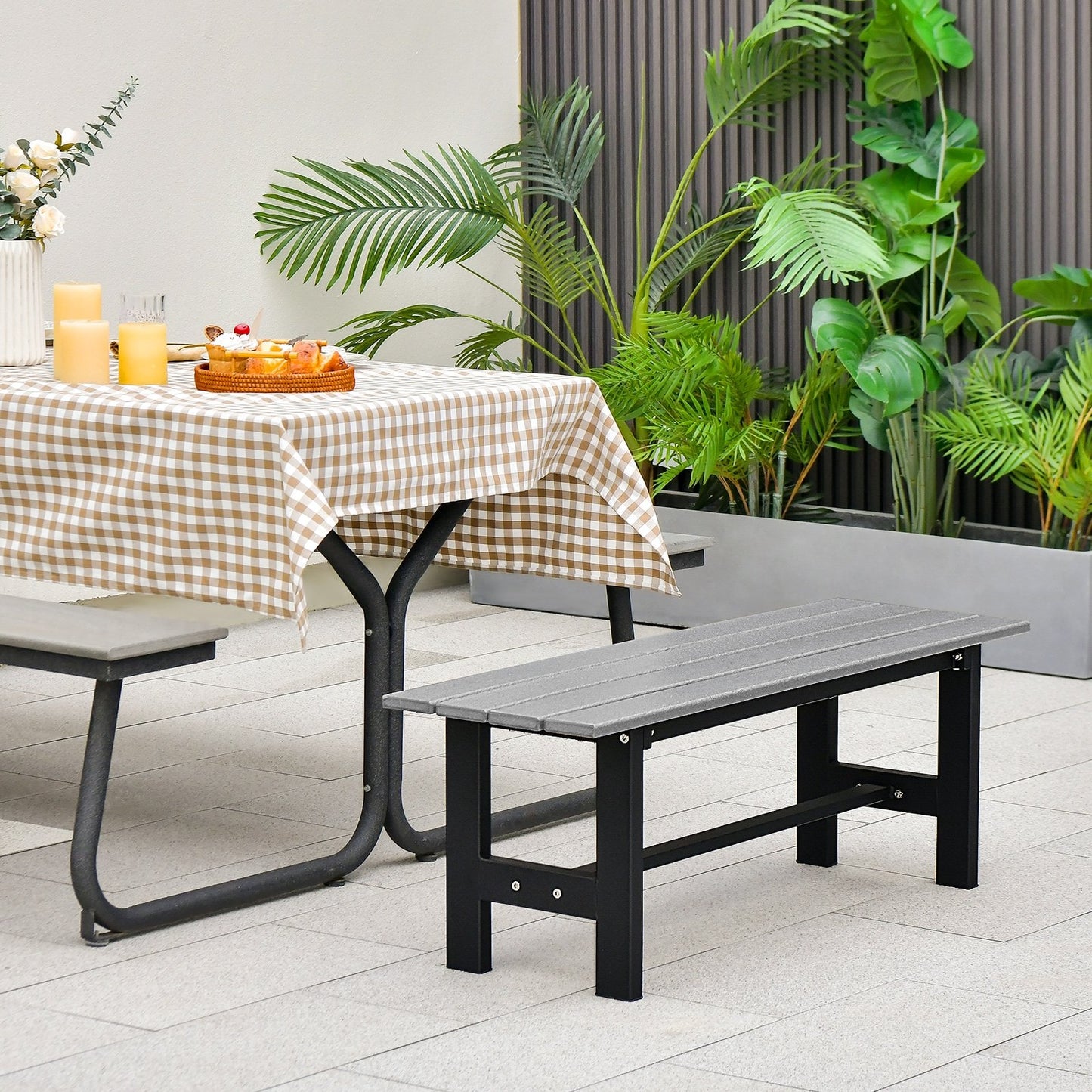 47 Inch Outdoor Chair with Slatted Seat Plastic Coated Iron Frame-Black