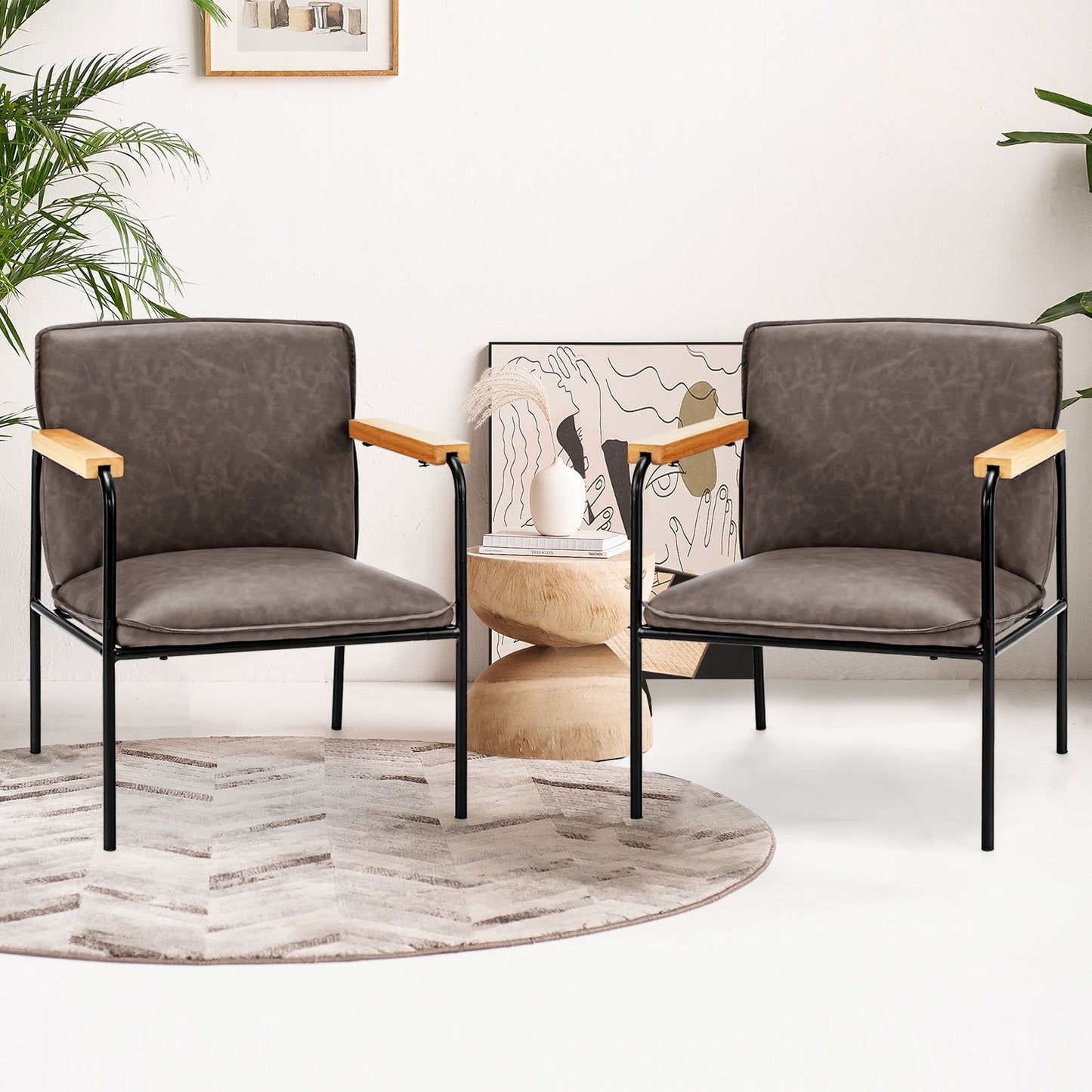 Brown PU leather accent chair with rubber wood armrests, stylish living room furniture by Wilsons Home Store.