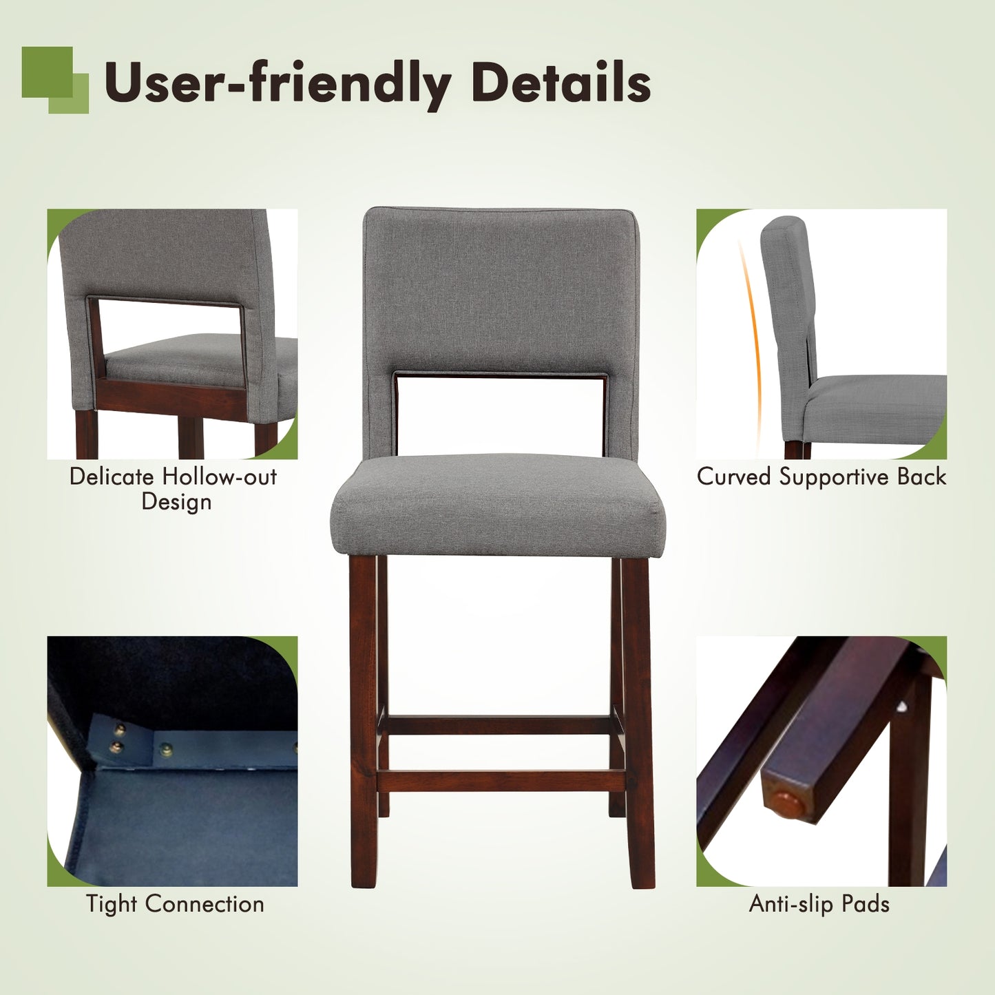 2 Piece Bar Chair Set with Hollowed Back and Rubber Wood Legs-Gray
