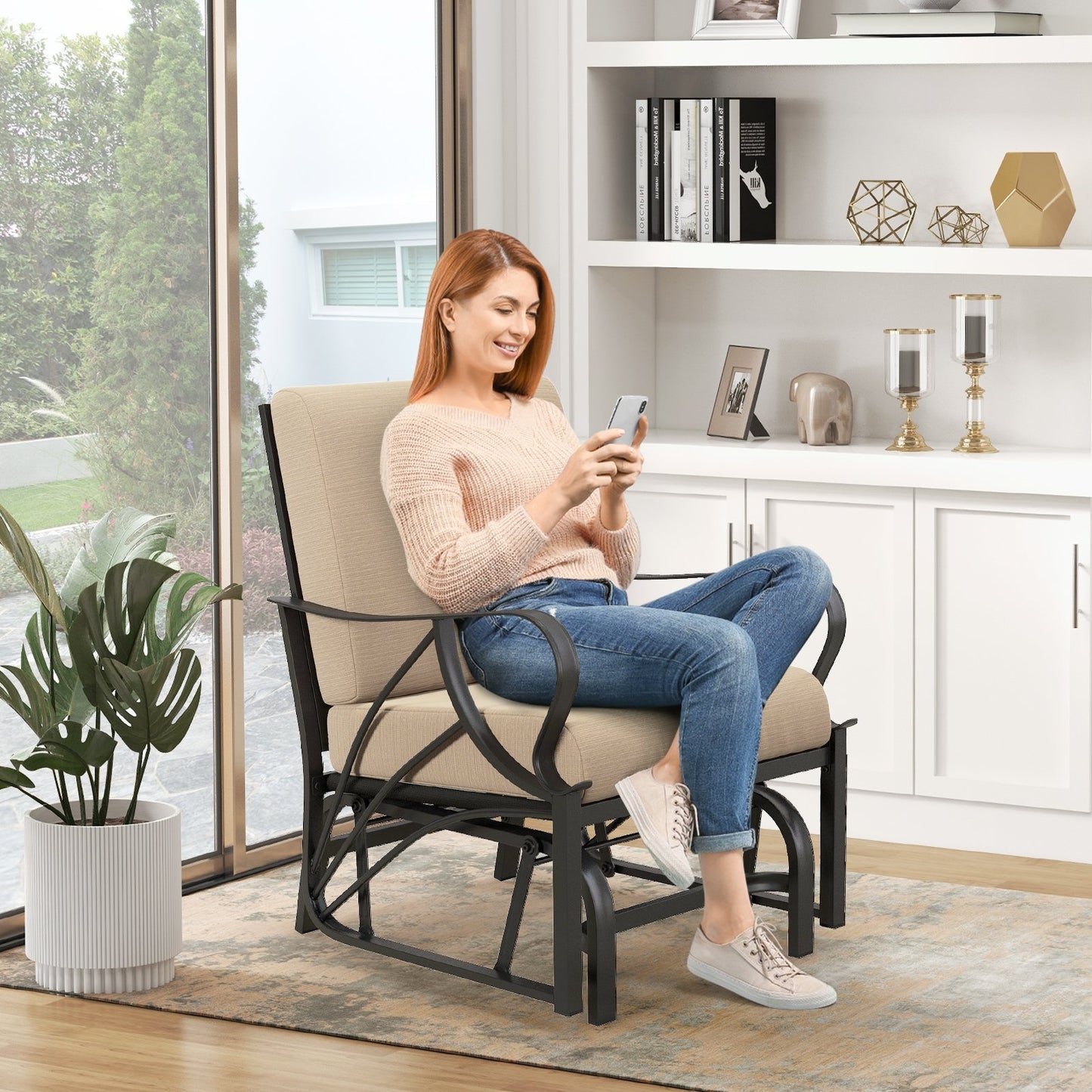 Patio Glider Rocking Chair with Thick Cushion and Curved Armrest-Black