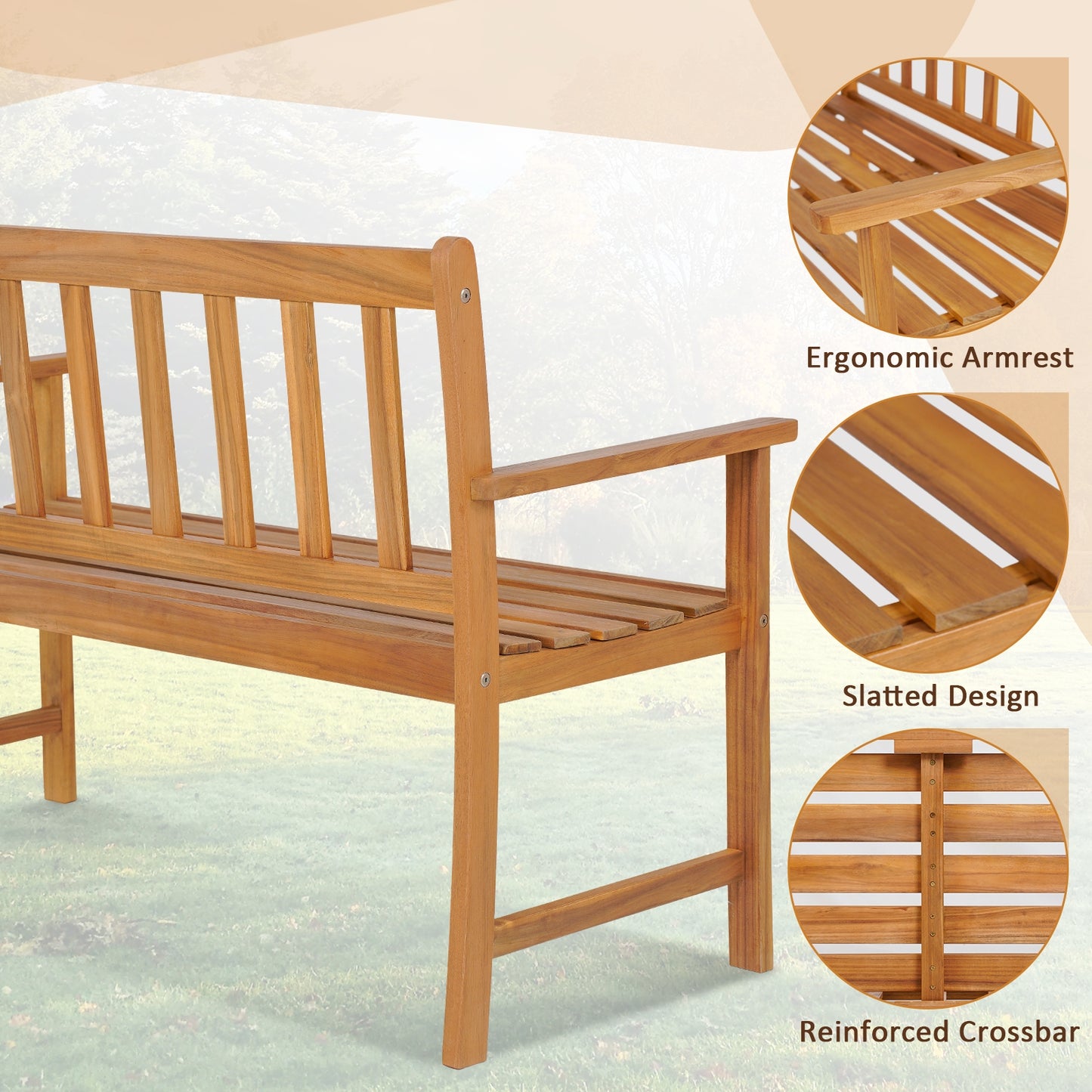 2-Person Patio Acacia Wood Bench with Backrest and Armrests