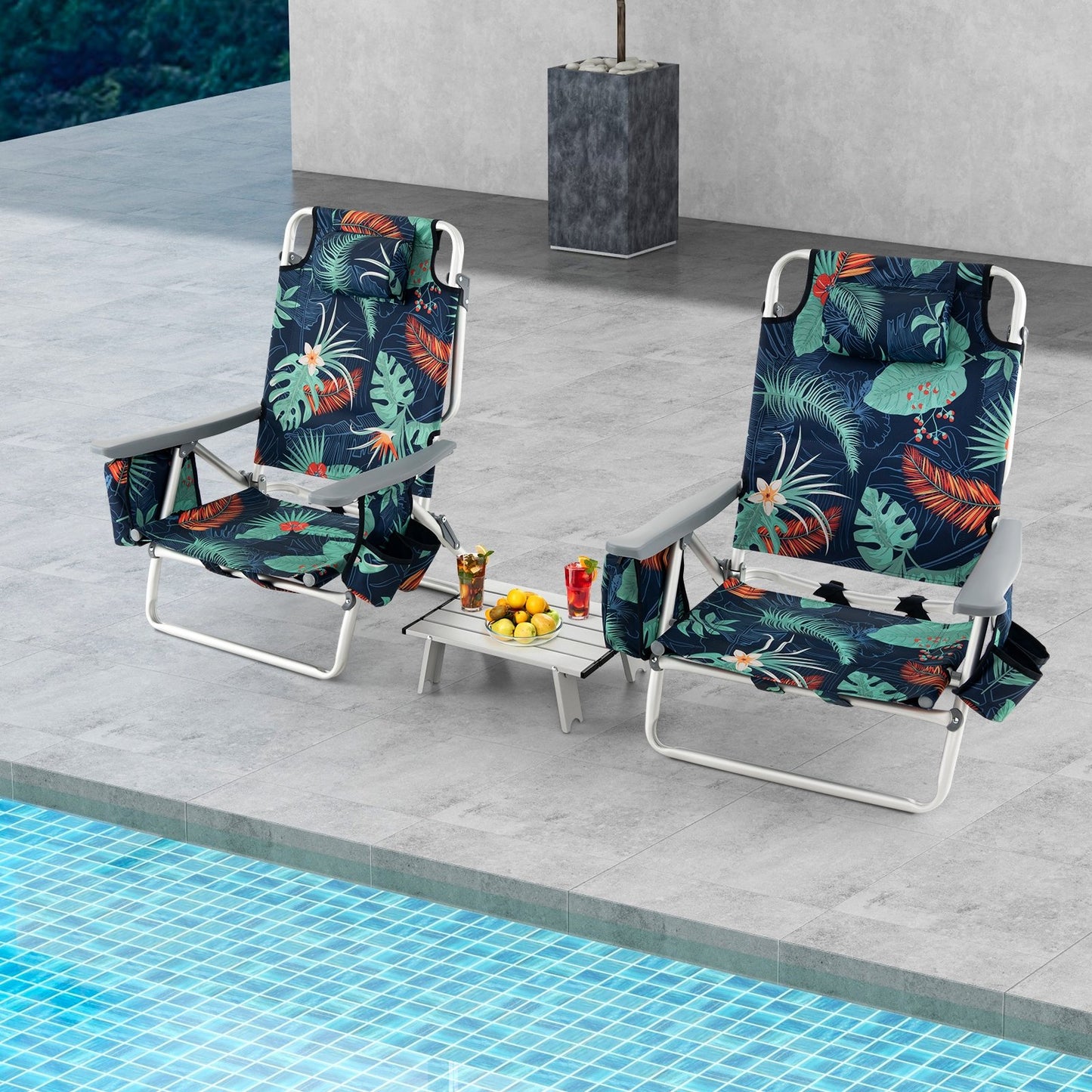 2 Packs 5-Position Outdoor Folding Backpack Beach Table Chair Reclining Chair Set-Blue