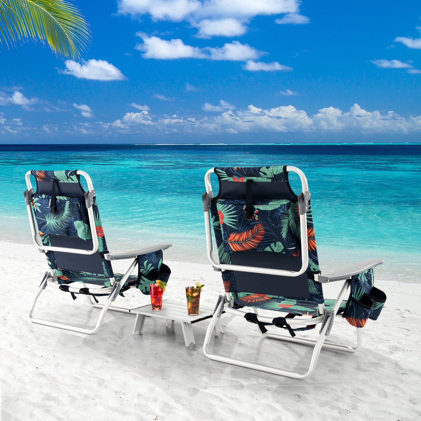 2 Packs 5-Position Outdoor Folding Backpack Beach Table Chair Reclining Chair Set-Blue