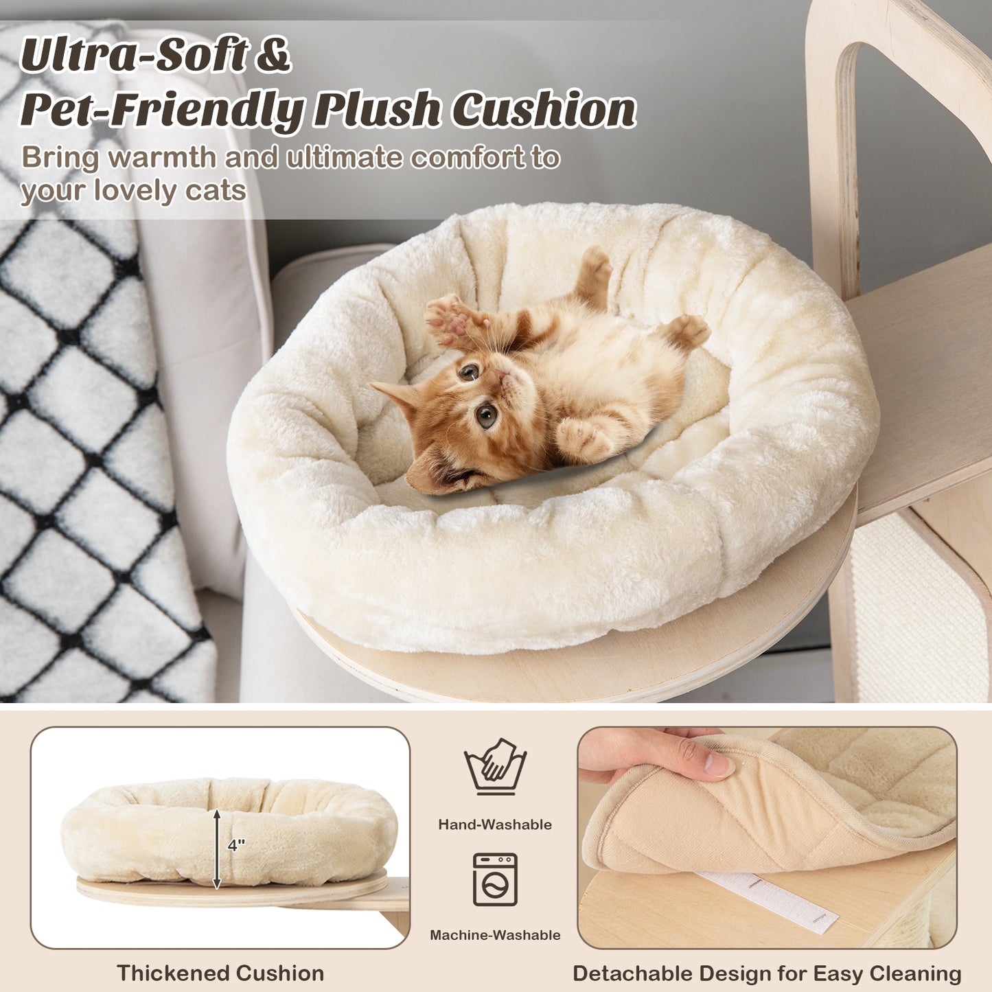 55 Inch Tall Multi-Level Cat Tree with Washable Removable Cushions-Natural