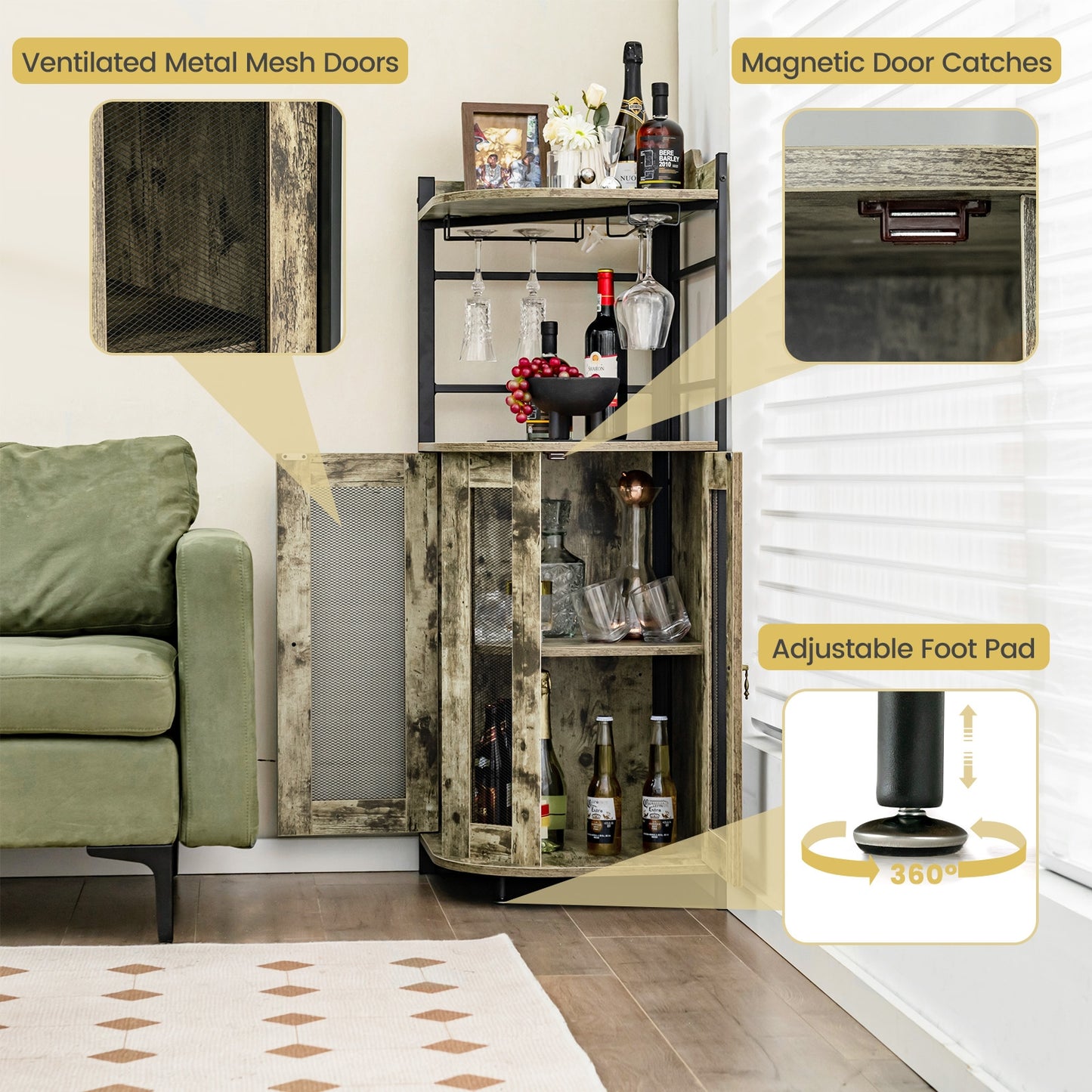 Industrial Corner Bar Cabinet with Glass Holder and Adjustable Shelf-Taupe