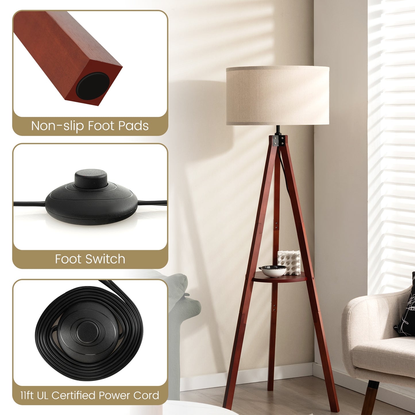Tripod Floor Lamp Wood Standing Lamp with Flaxen Lamp Shade and E26 Lamp Base-Brown