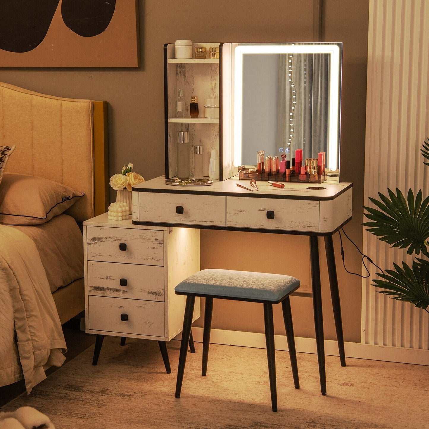 Vanity Makeup Table Set with Lighted Mirror-Brown