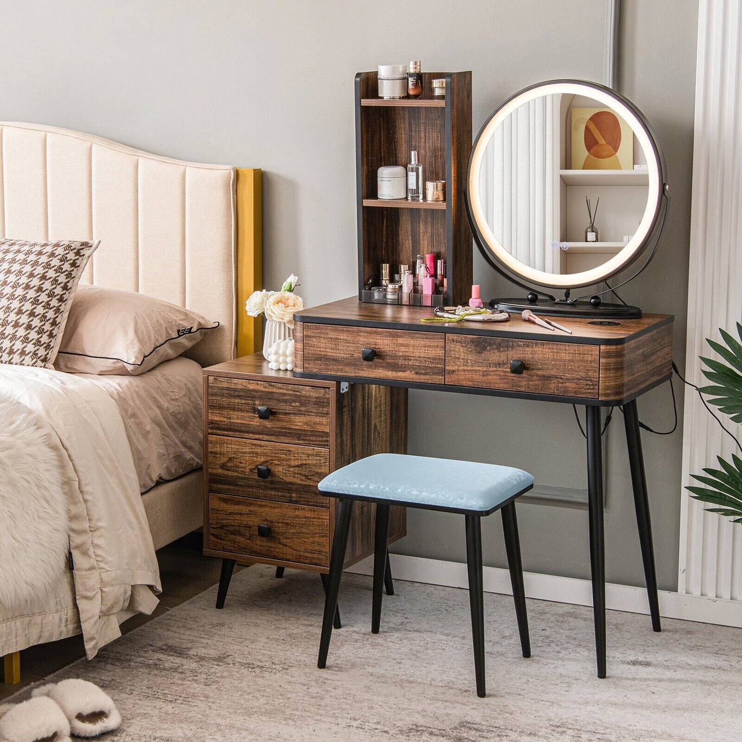 Vanity Table Set with 3-Color Lighted Mirror and Cushioned Stool-Rustic Brown