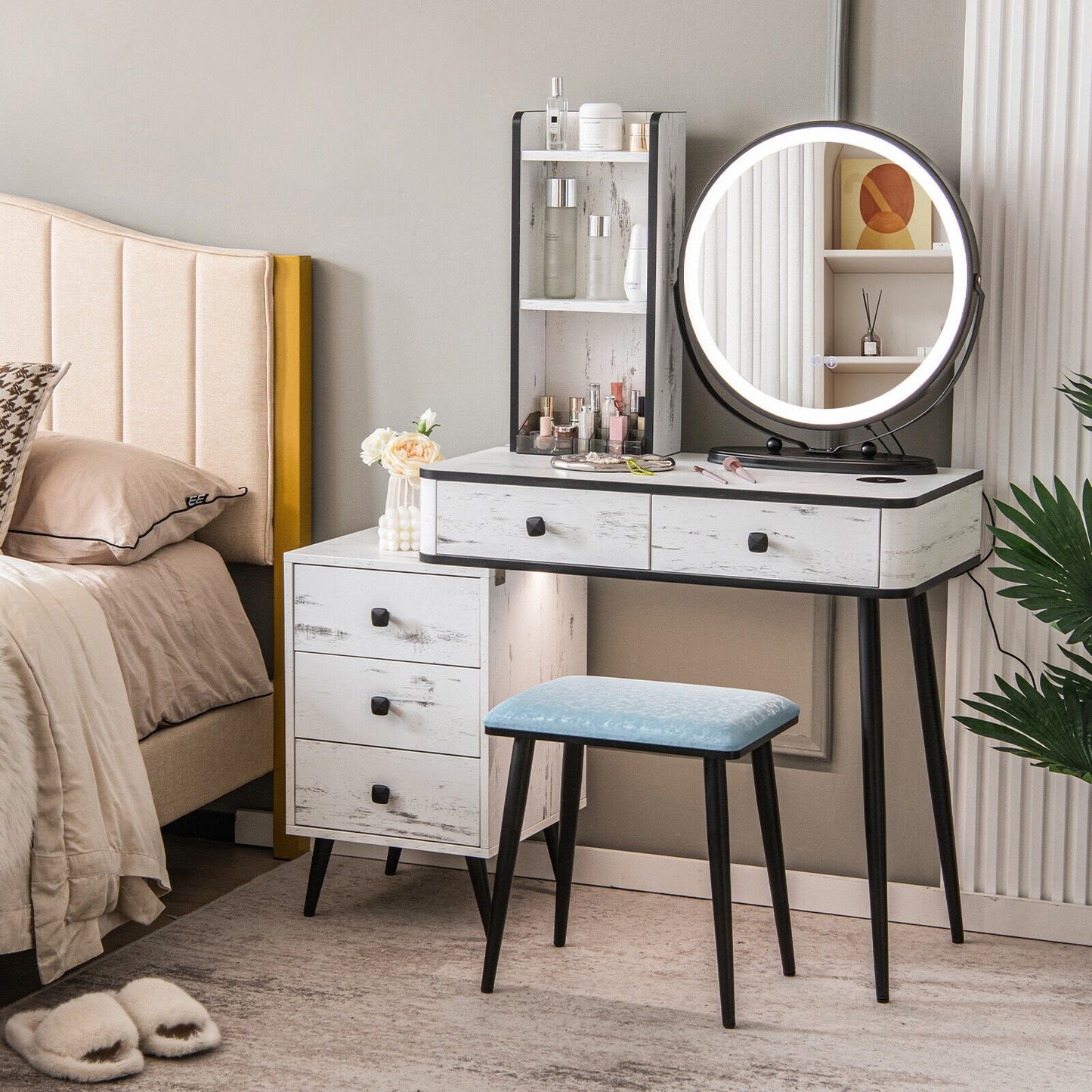 Vanity Table Set with 3-Color Lighted Mirror and Cushioned Stool-Rustic Brown
