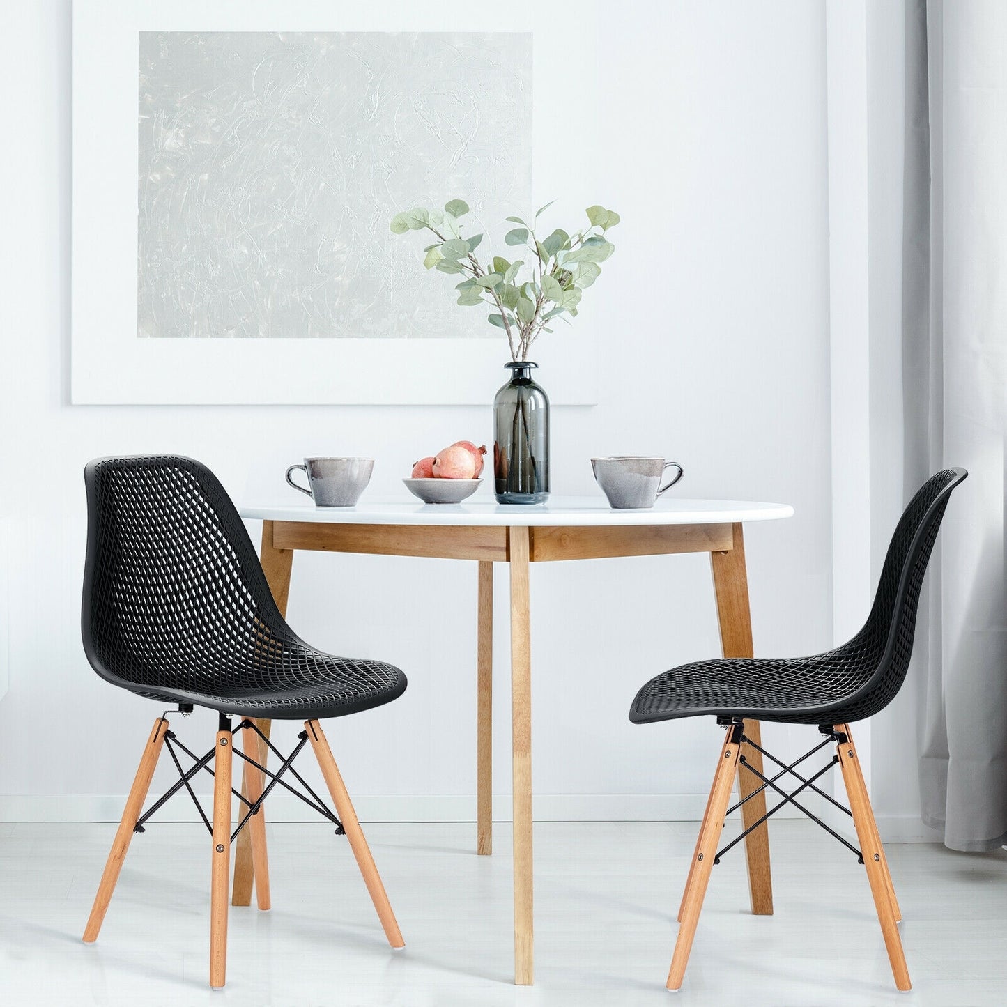 2 Pieces Modern Plastic Hollow Chair Set with Wood Leg-Black