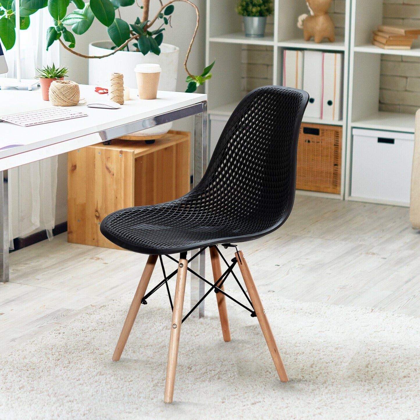 2 Pieces Modern Plastic Hollow Chair Set with Wood Leg-Black