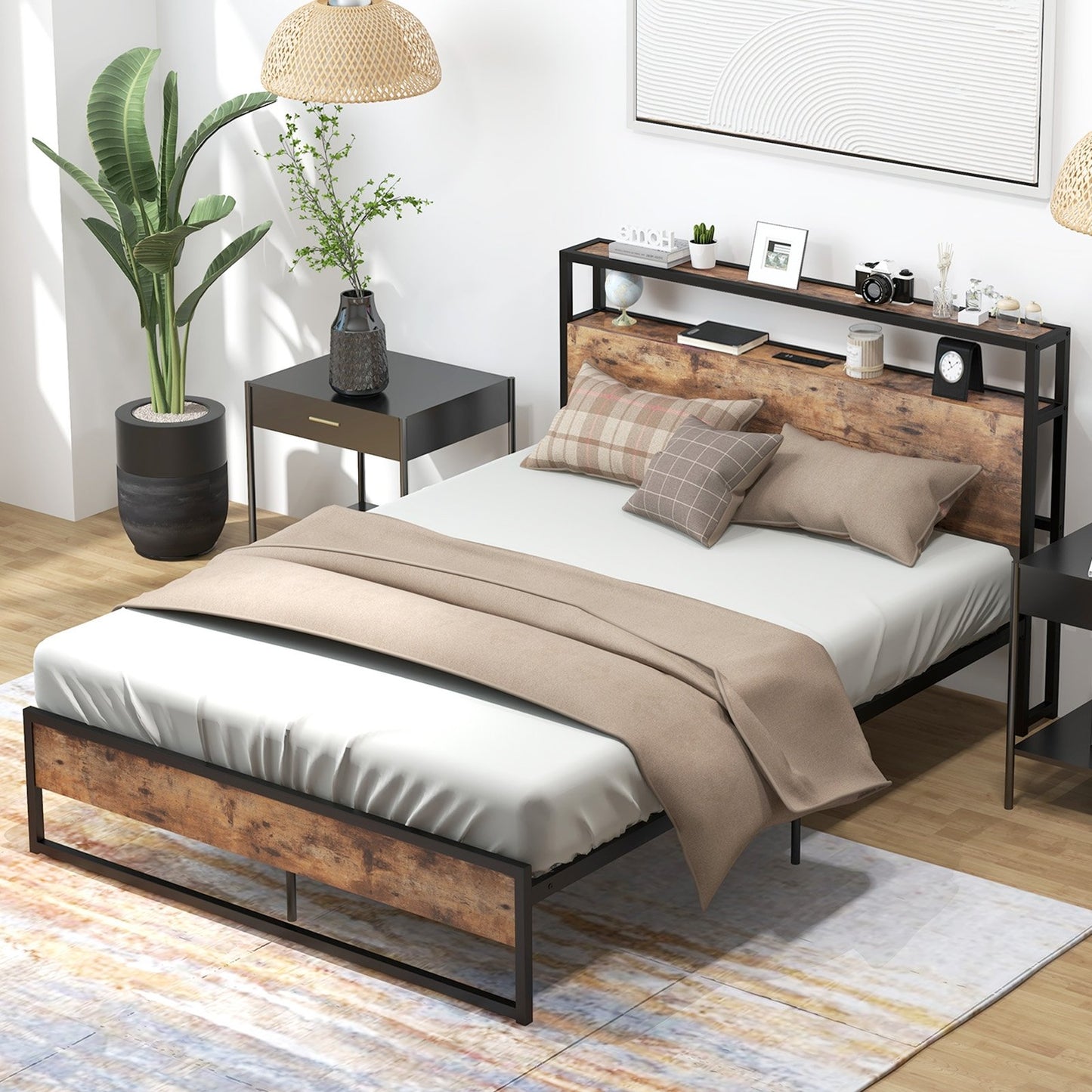Full/Queen Bed Frame with 2-Tier Storage Headboard and Charging Station-Queen Size