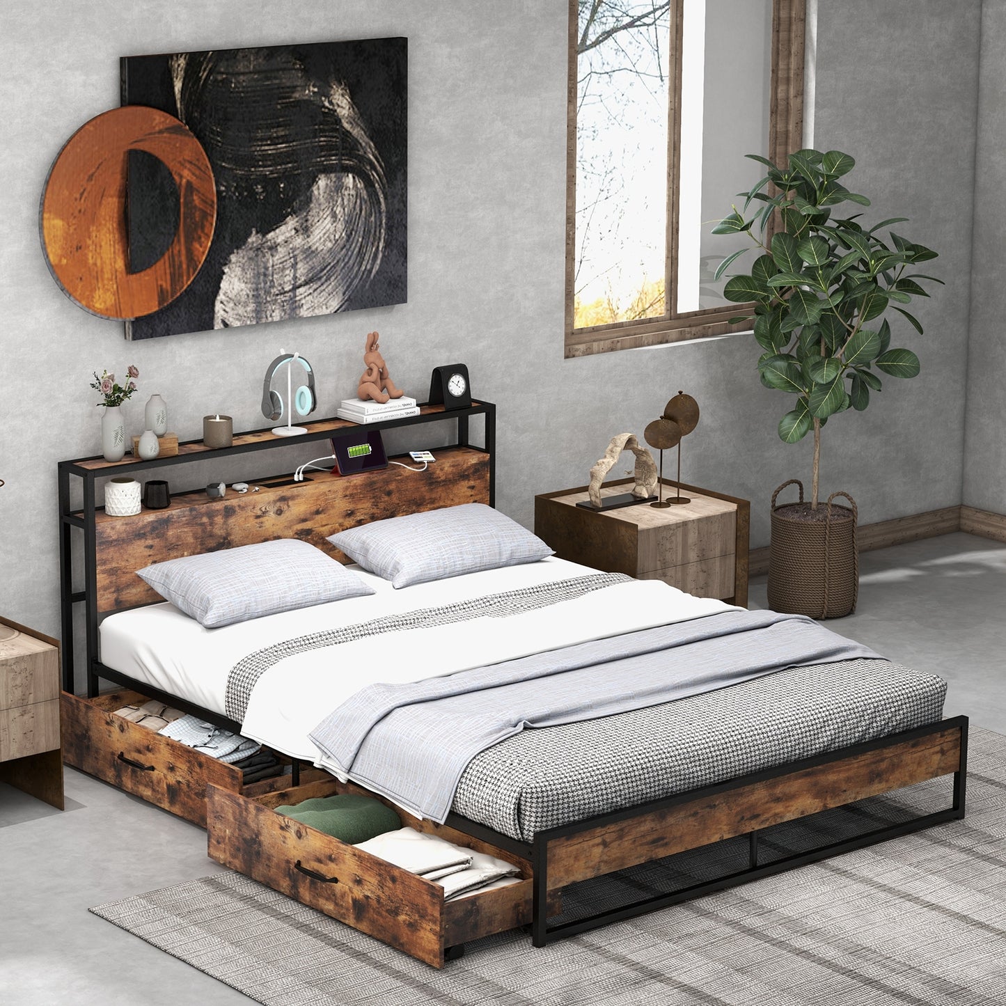 Full/Queen Bed Frame with 2-Tier Storage Headboard and Charging Station-Full Size
