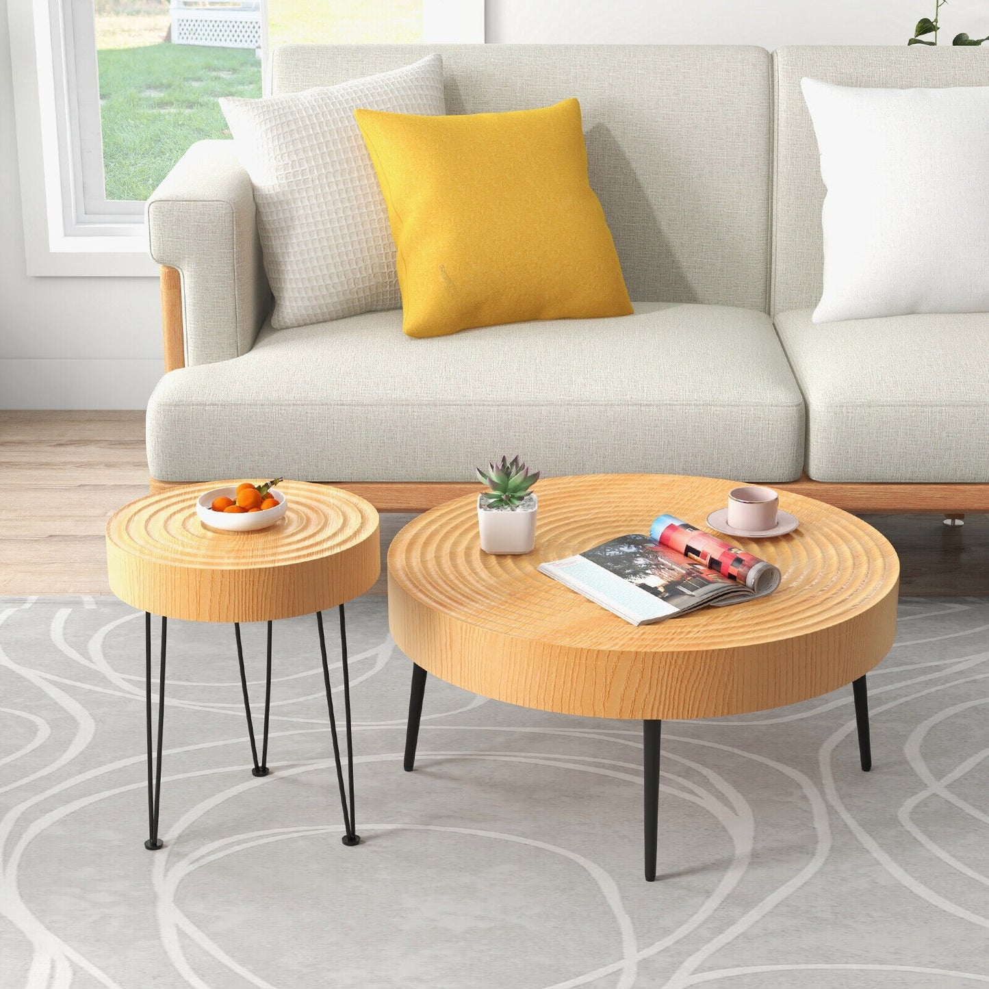 Set of 2 Solid Wood Farmhouse Round Coffee Tables-Ring Pattern