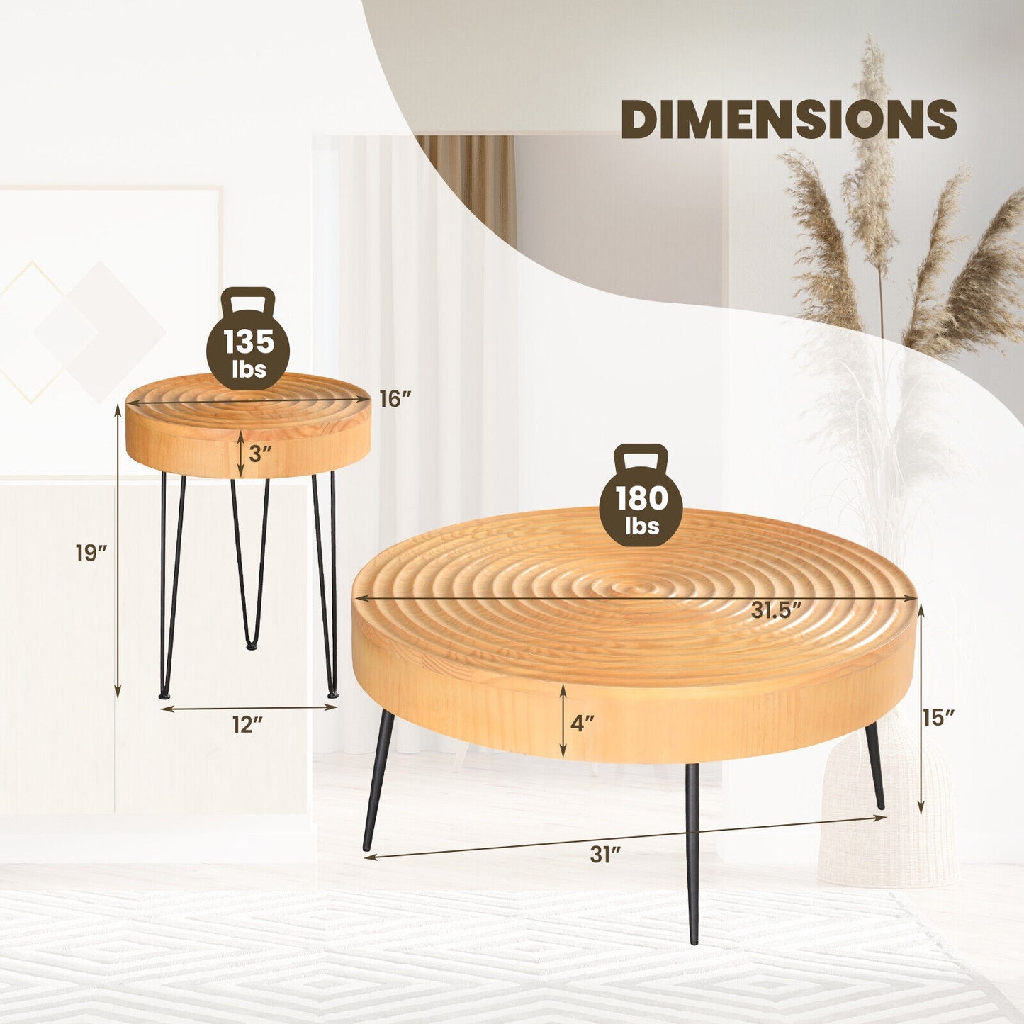 Set of 2 Solid Wood Farmhouse Round Coffee Tables-Ring Pattern