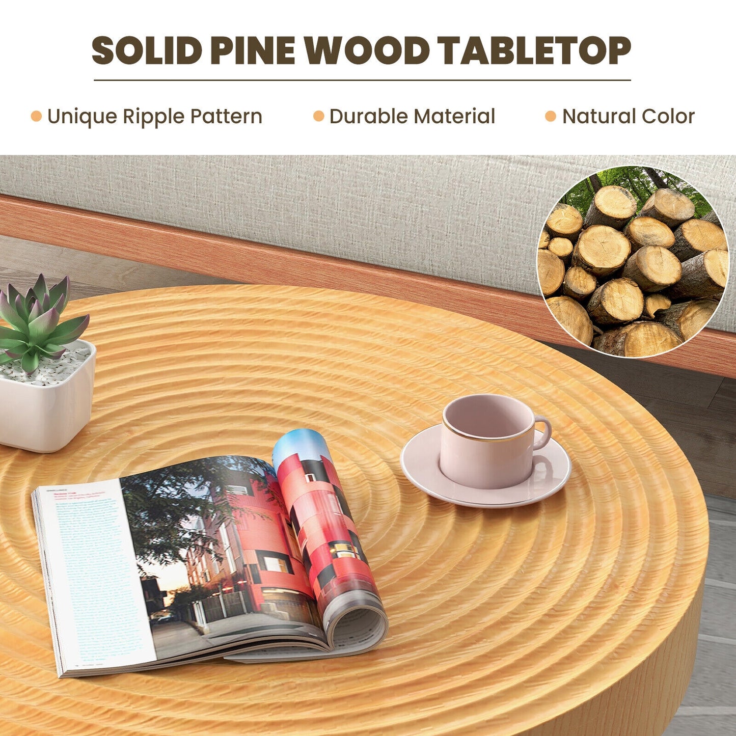Set of 2 Solid Wood Farmhouse Round Coffee Tables-Ring Pattern