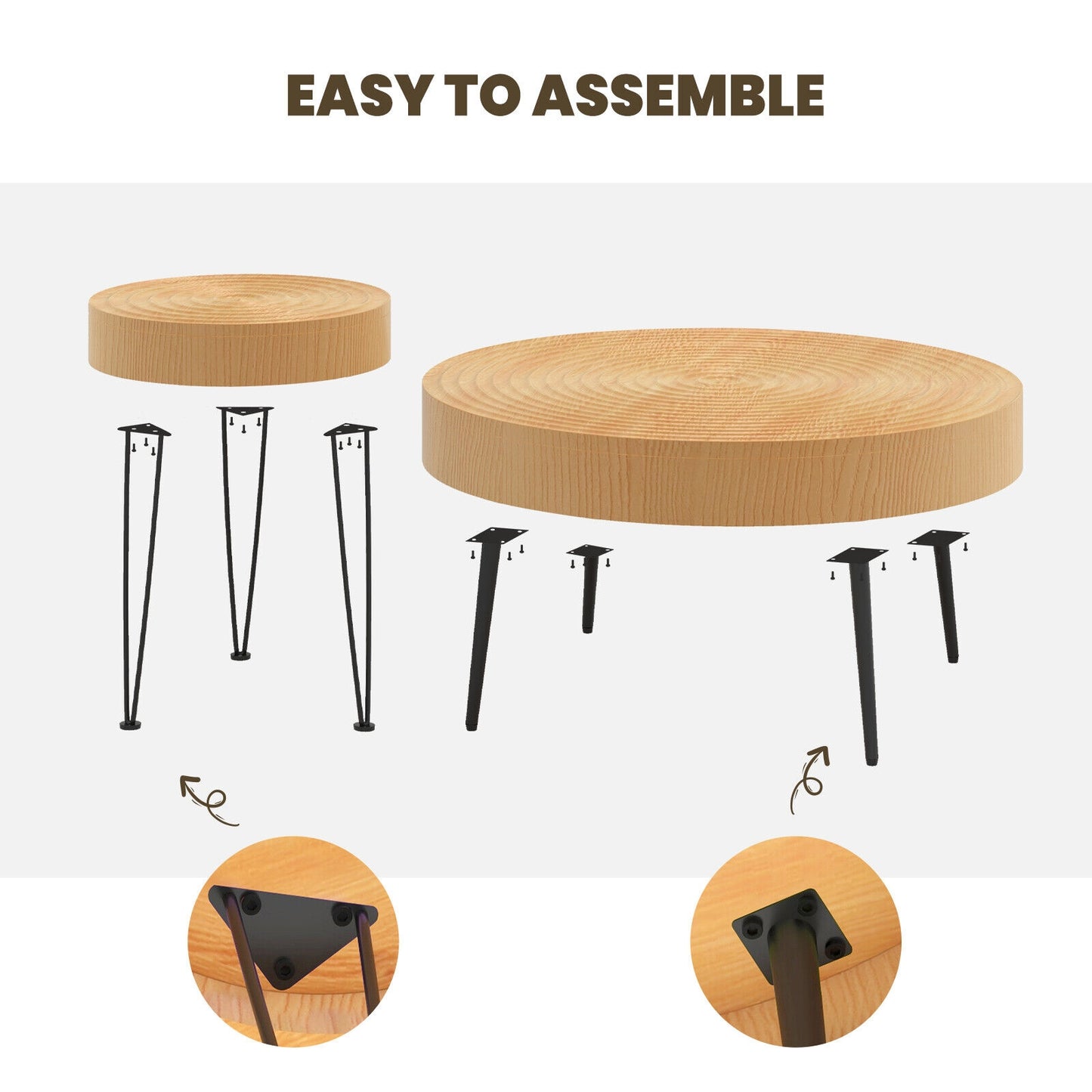 Set of 2 Solid Wood Farmhouse Round Coffee Tables-Ring Pattern