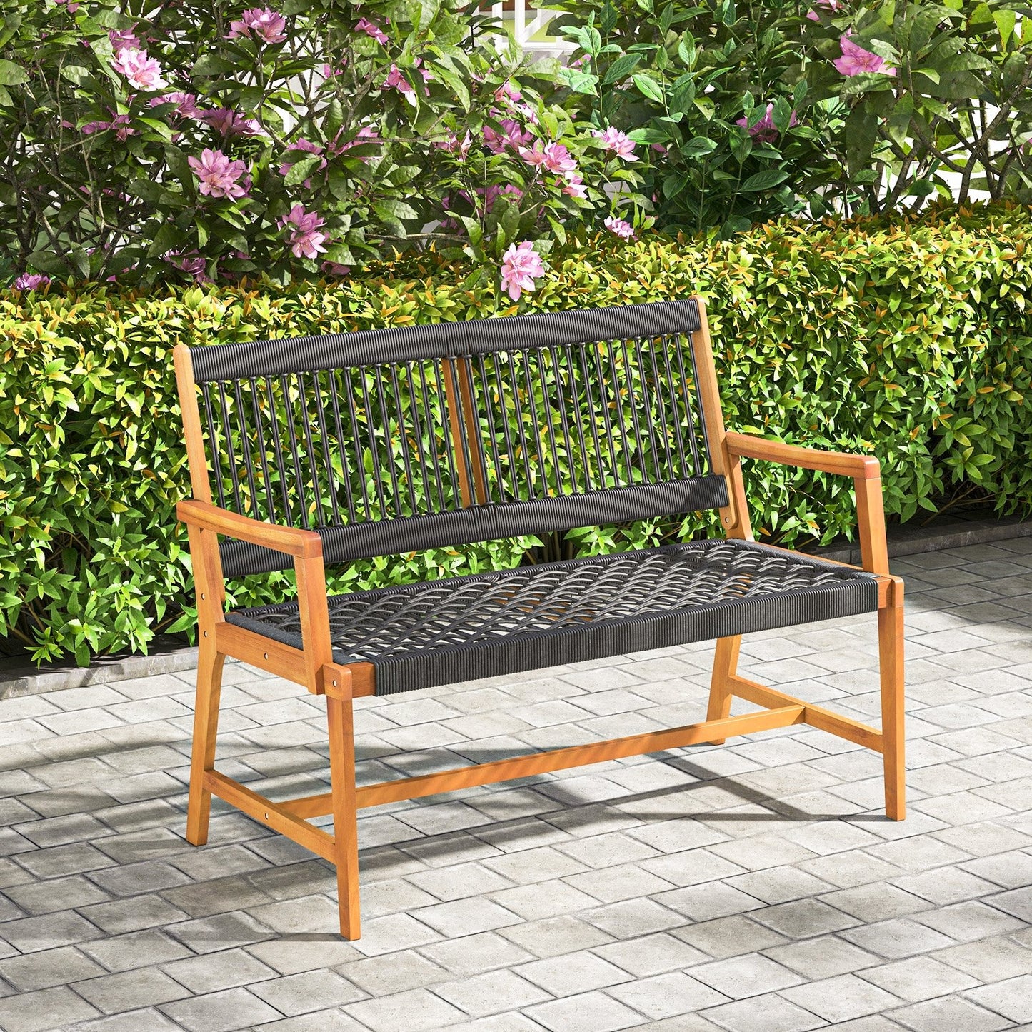 Outdoor Acacia Wood Bench with Backrest and Armrests for Outdoor