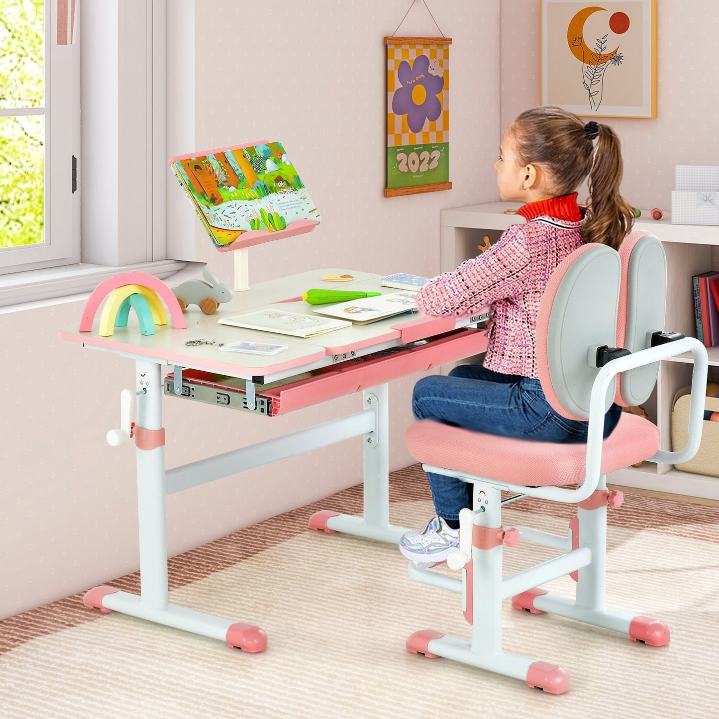 Height-Adjustable Kid's Study Desk and Chair Set-Pink