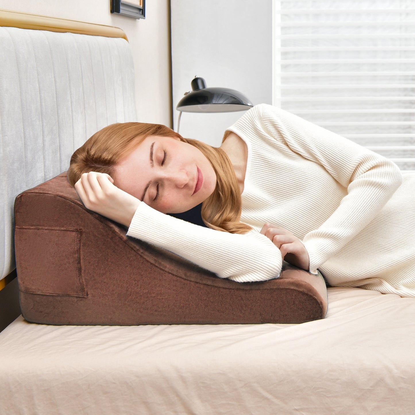 Bed Wedge Pillow with Tablet Pillow Stand and Side Pockets-Brown