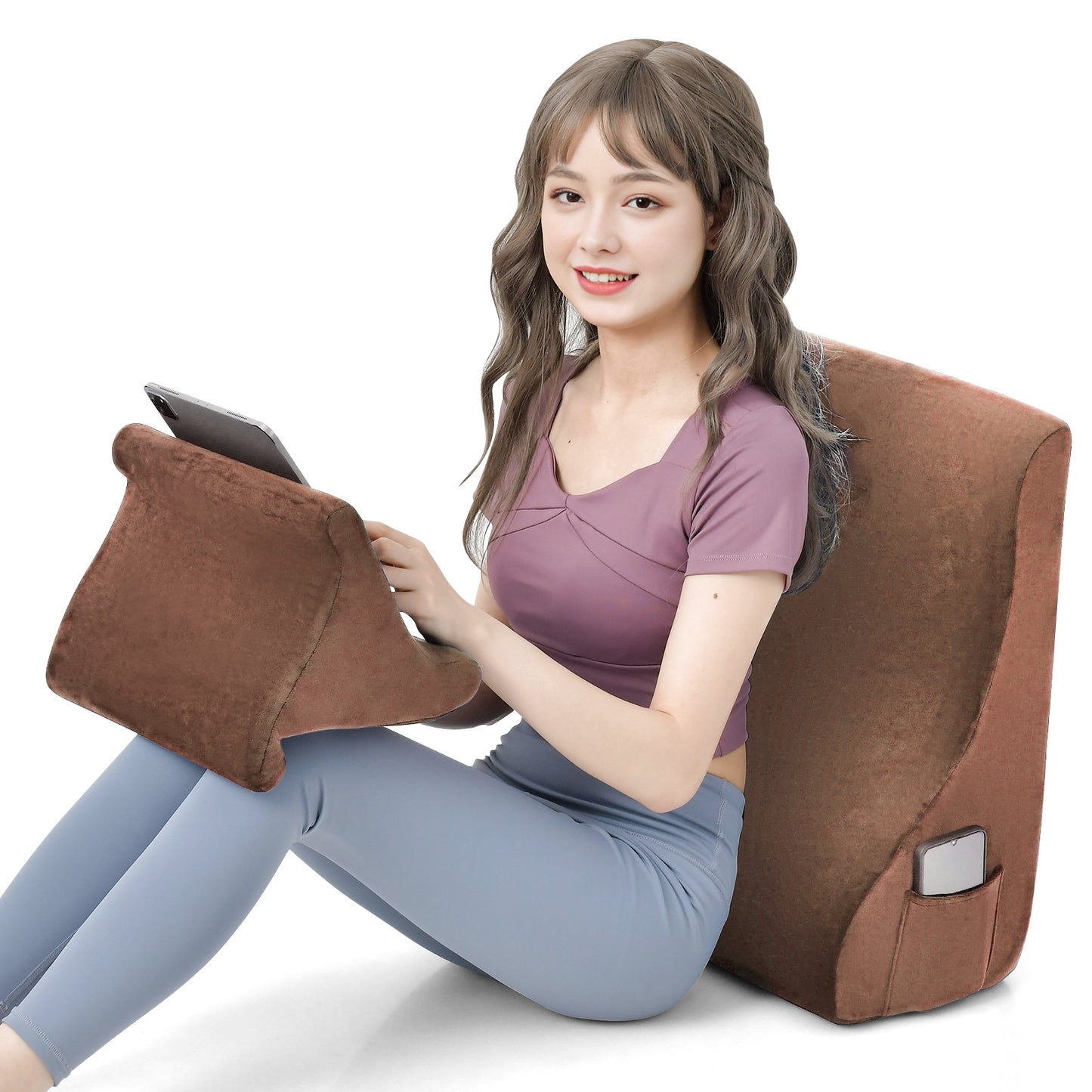 Bed Wedge Pillow with Tablet Pillow Stand and Side Pockets-Brown