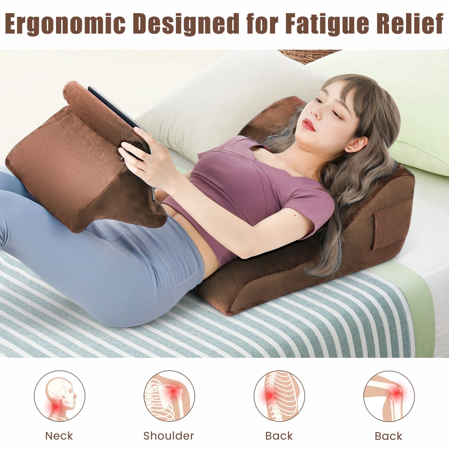 Bed Wedge Pillow with Tablet Pillow Stand and Side Pockets-Brown