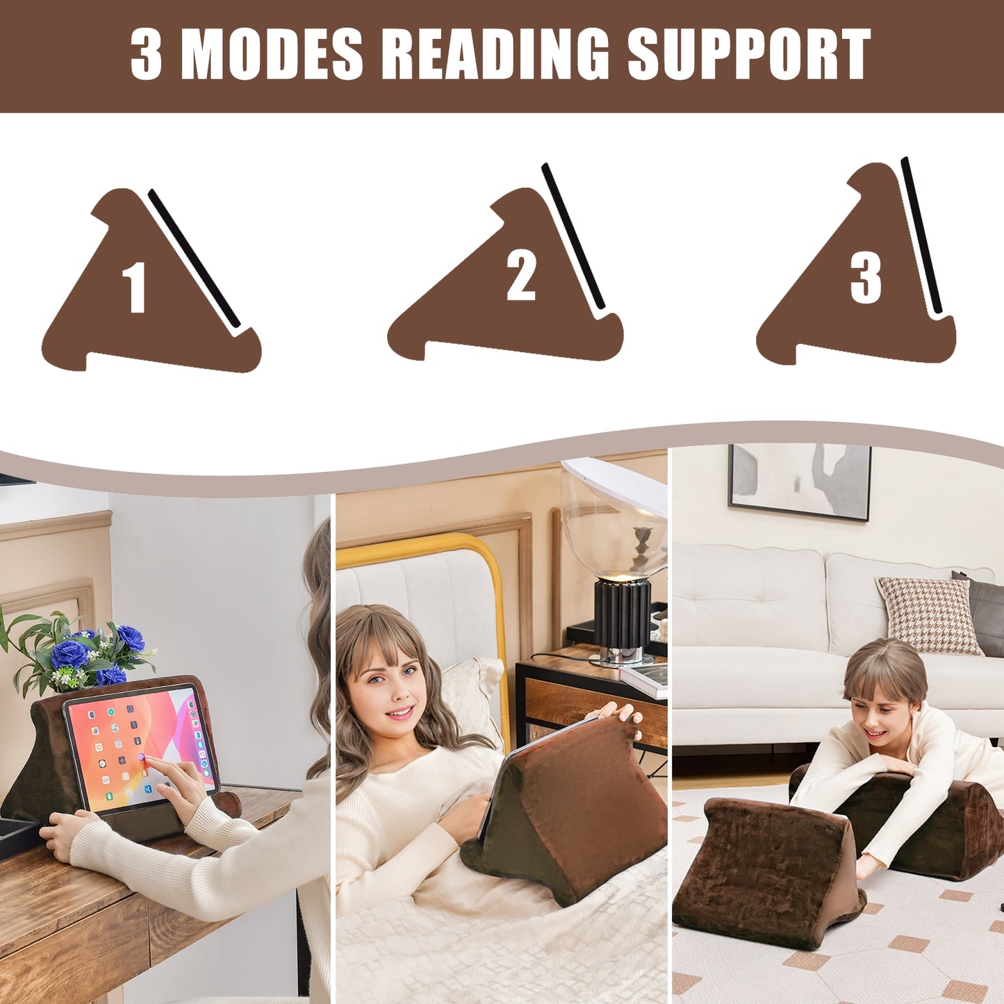 Bed Wedge Pillow with Tablet Pillow Stand and Side Pockets-Brown