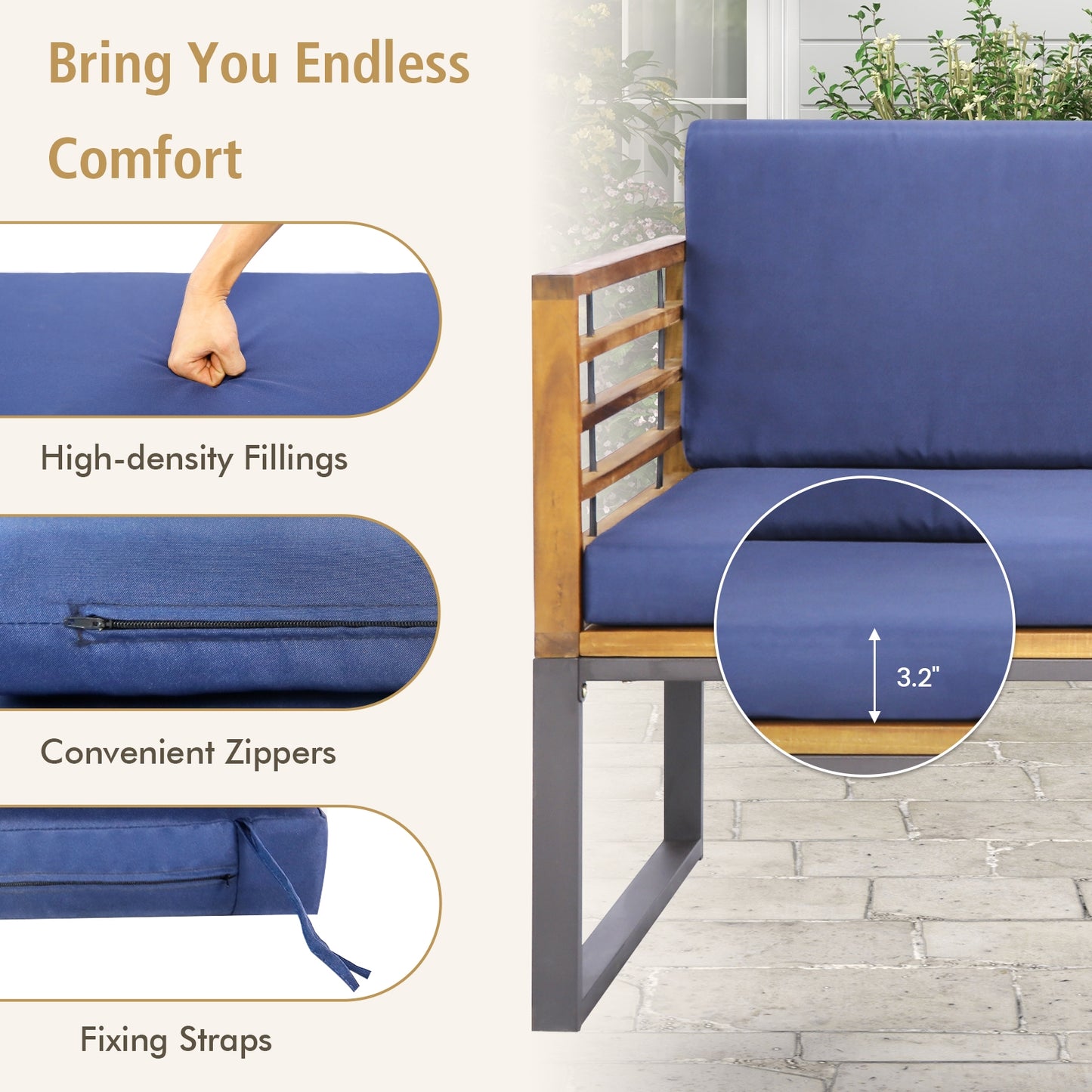 4 Piece Patio Acacia Wood Conversation Set with Soft Seat-Navy