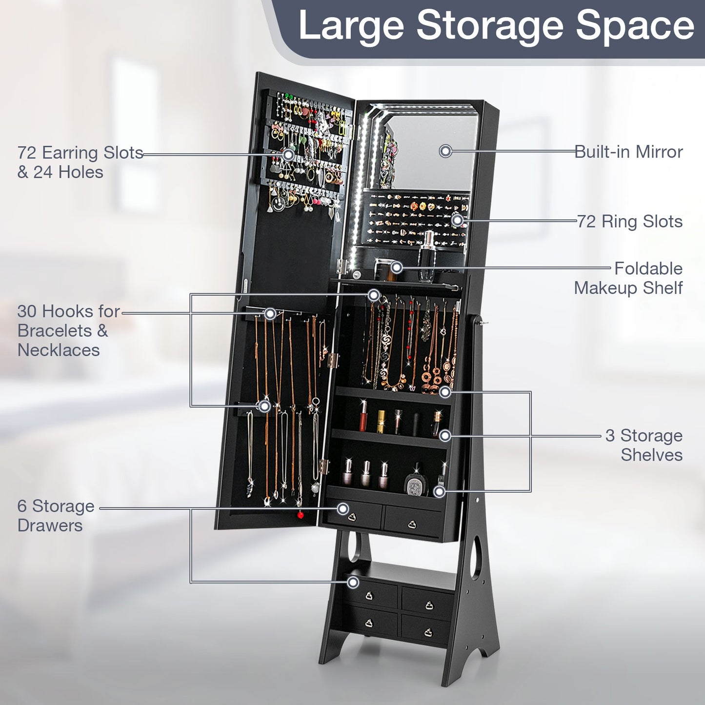 Freestanding Full Length LED Mirrored Jewelry Armoire with 6 Drawers-Black