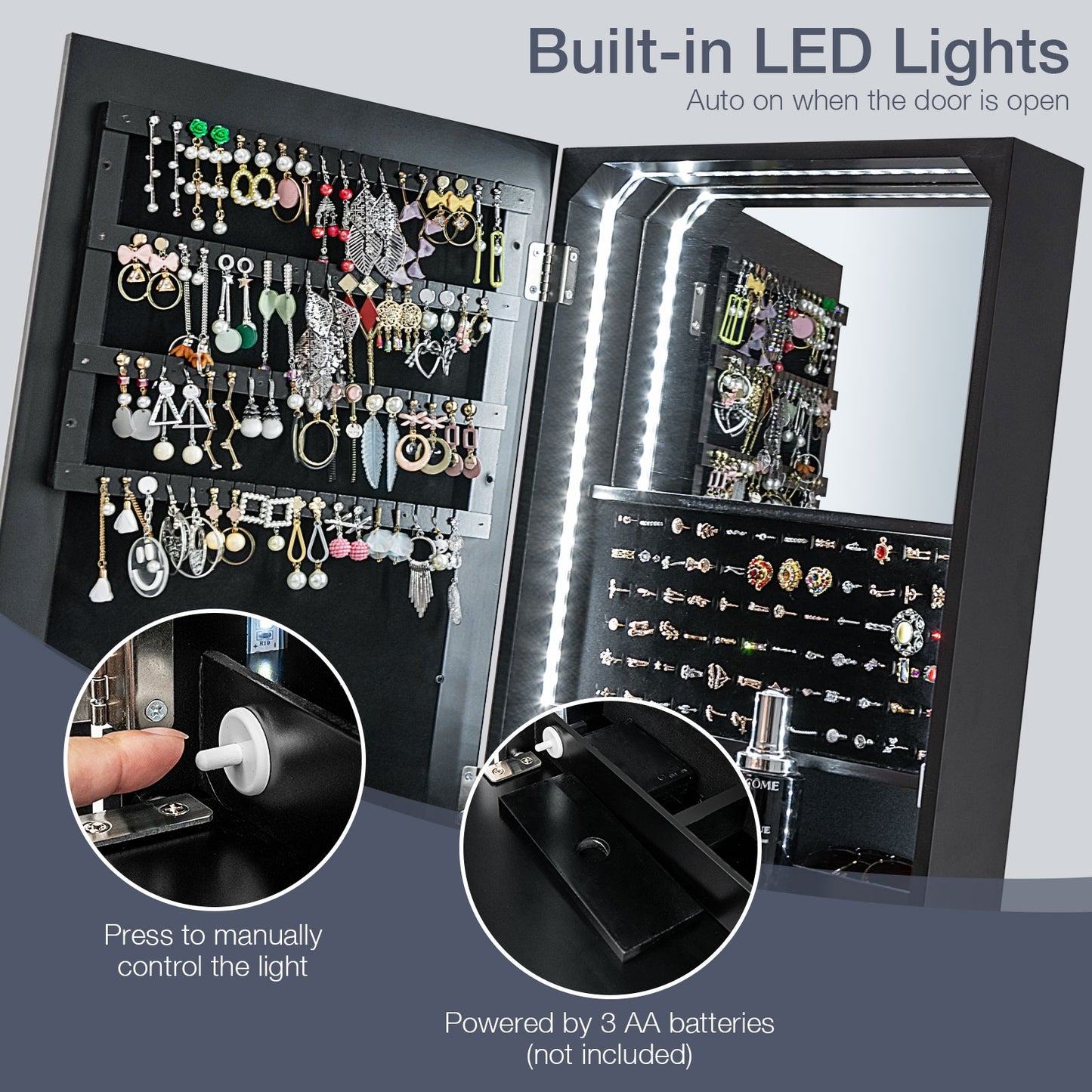 Freestanding Full Length LED Mirrored Jewelry Armoire with 6 Drawers-Black