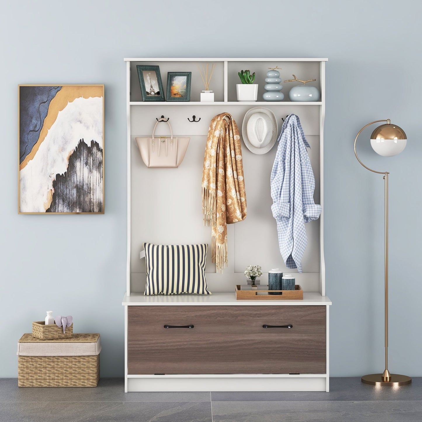 3 in 1 Coat Rack with Entryway Bench and Hooks and Enclosed Cabinet-Black