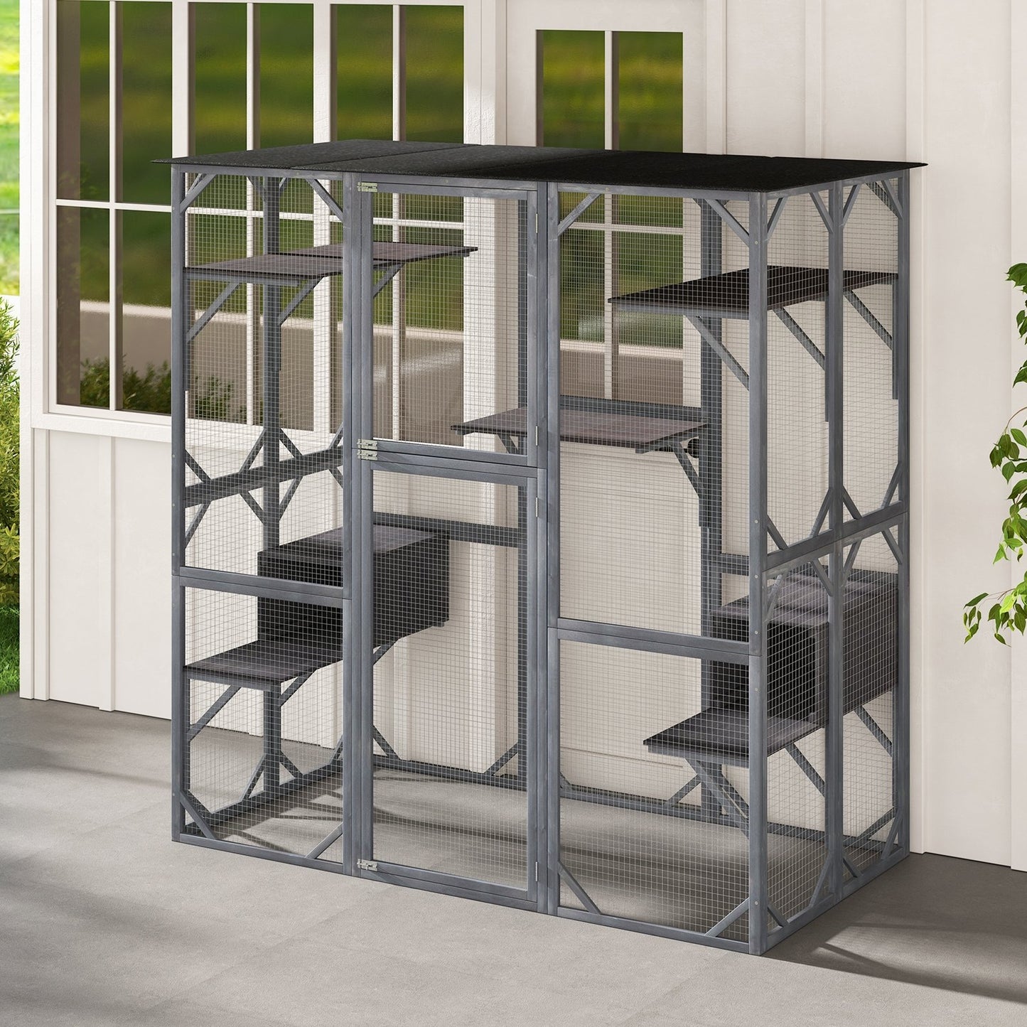 71 Inch Tall Outdoor Wooden Cat House with Weatherproof Asphalt Roof-Gray