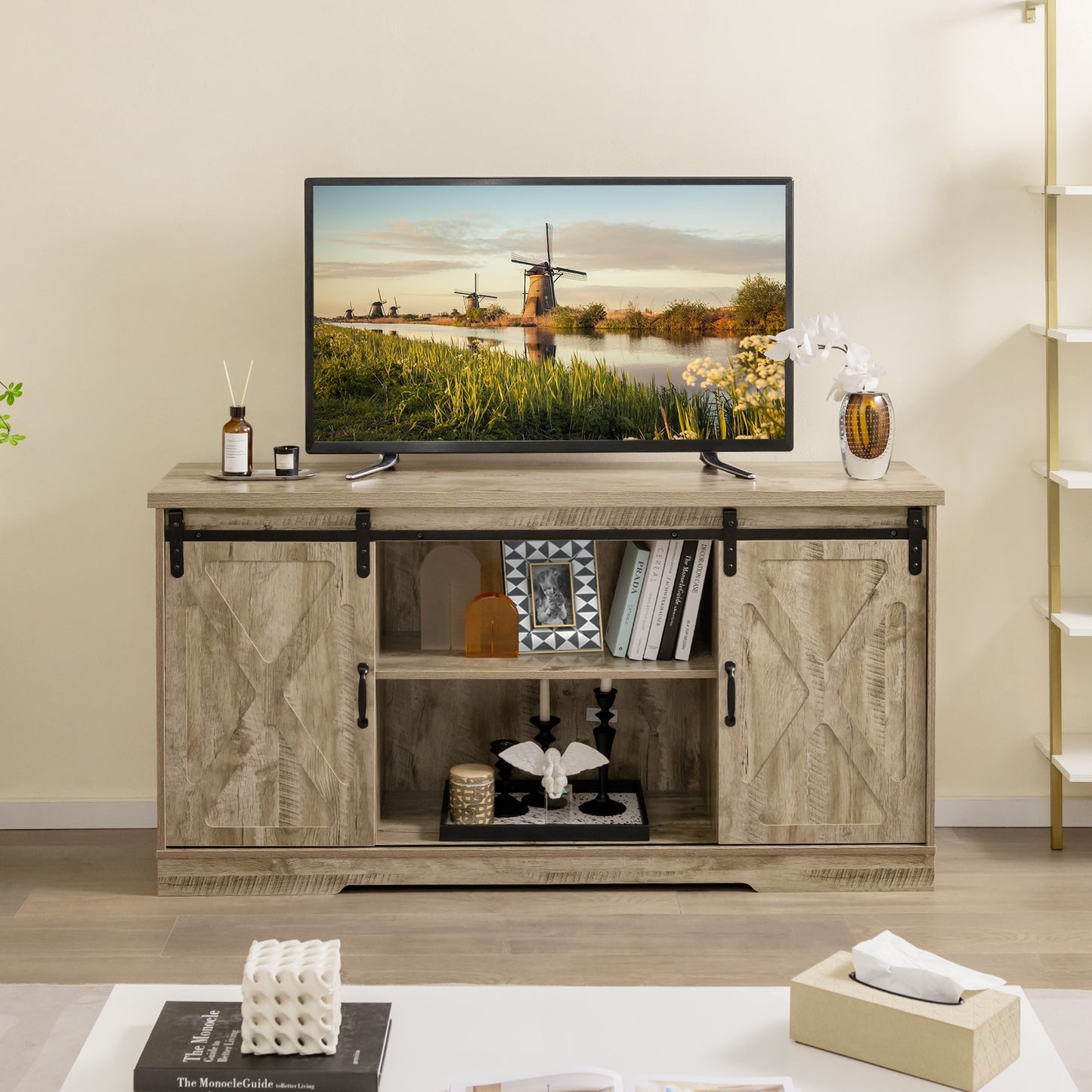Farmhouse Entertainment Center with Adjustable Shelves and Storage Cabinet-Gray