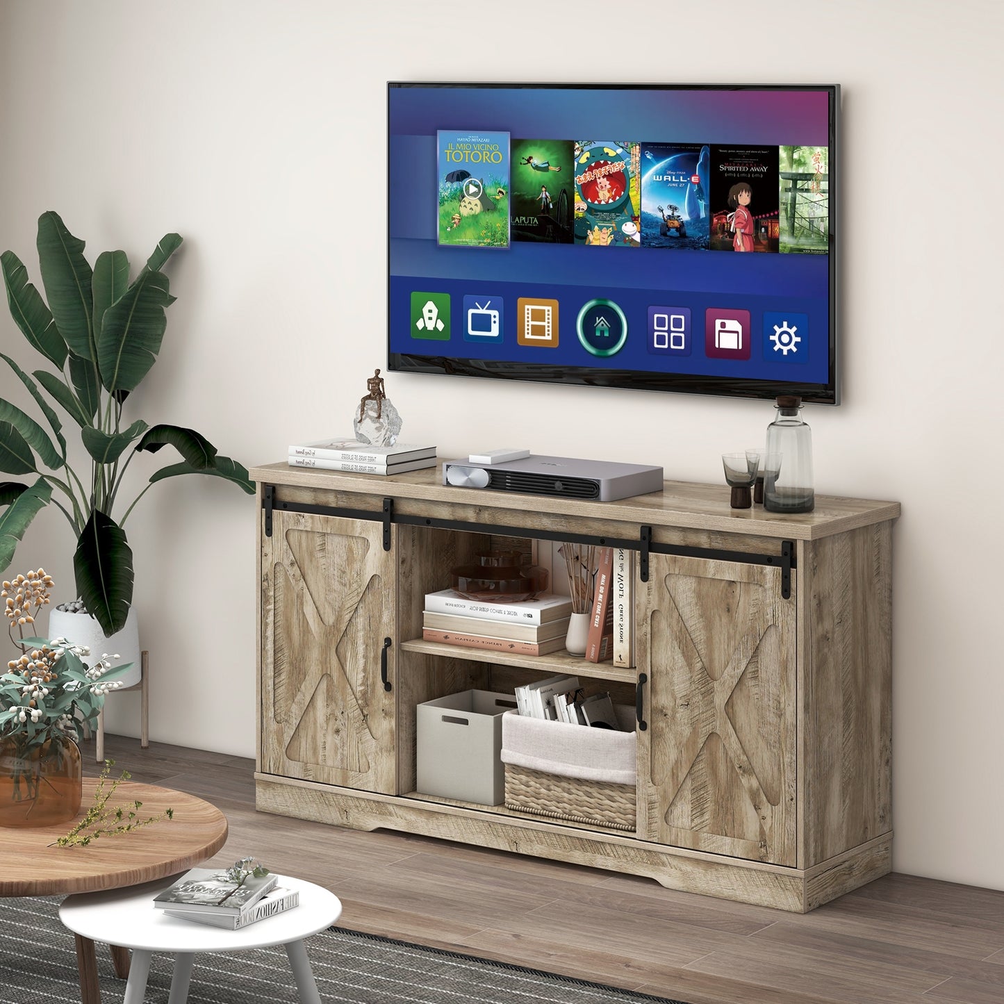Farmhouse Entertainment Center with Adjustable Shelves and Storage Cabinet-Gray