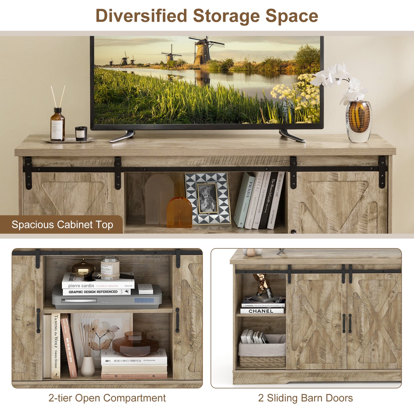 Farmhouse Entertainment Center with Adjustable Shelves and Storage Cabinet-Gray