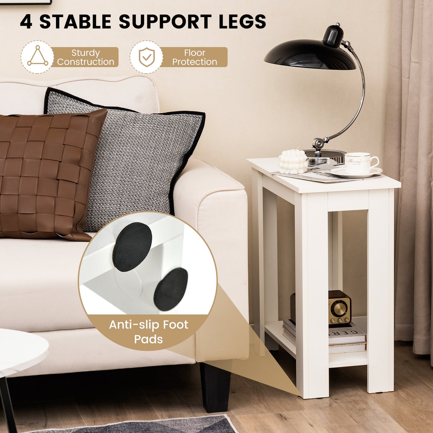 2-Tier Modern Compact End Table with Storage Shelf-White